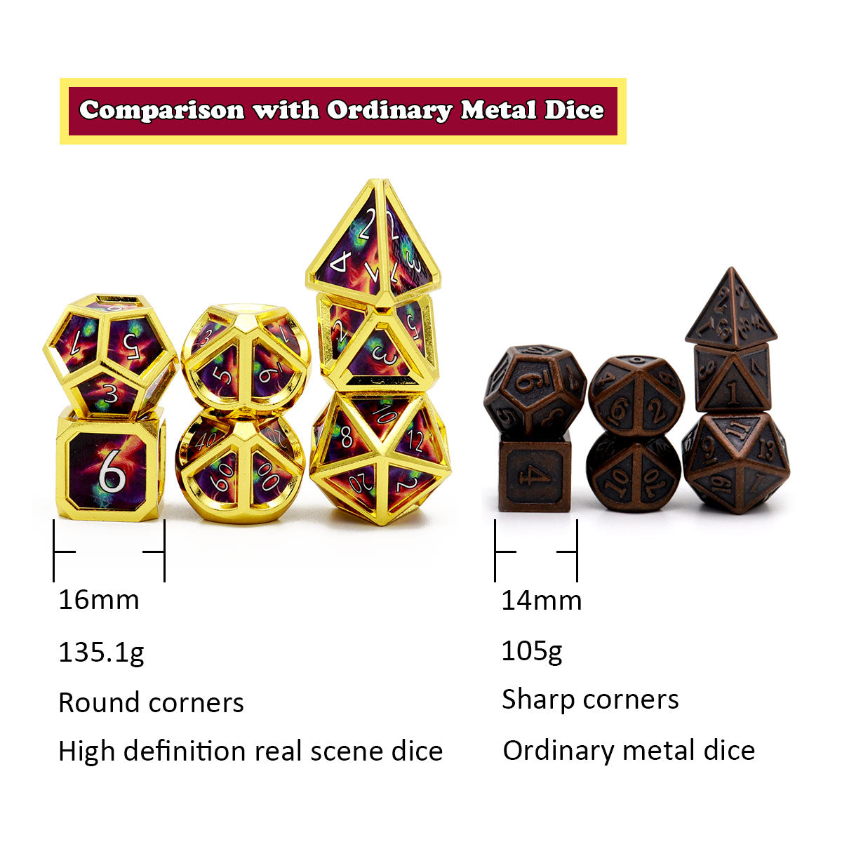 Haxtec Real Scene Metal Dice Set Gold Purple RPG Dice for DND 5E-Meteor Swarm