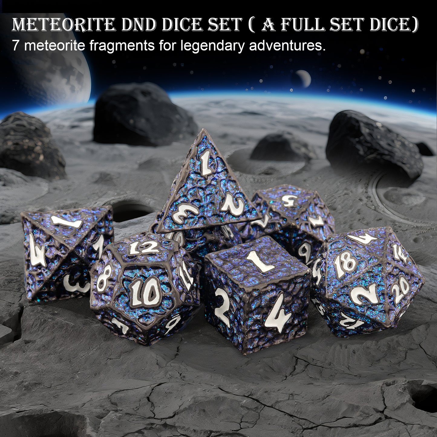 Haxtec Meteorite Texture Metal DnD Dice Set Flash Blue Purple with White Numbers