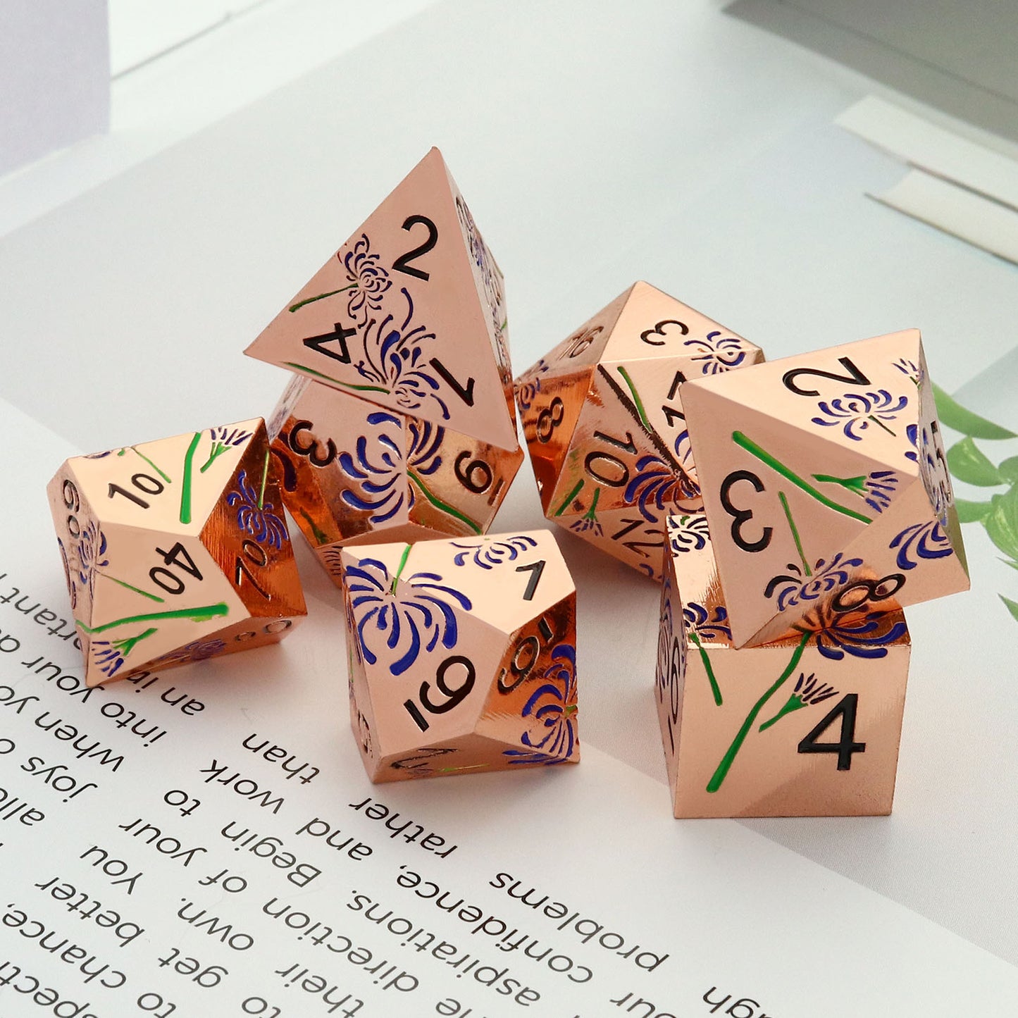 Haxtec Purple Spider Lily Metal DND Dice Set for Dungeons and Dragons TTRPG-Rosegold Purple