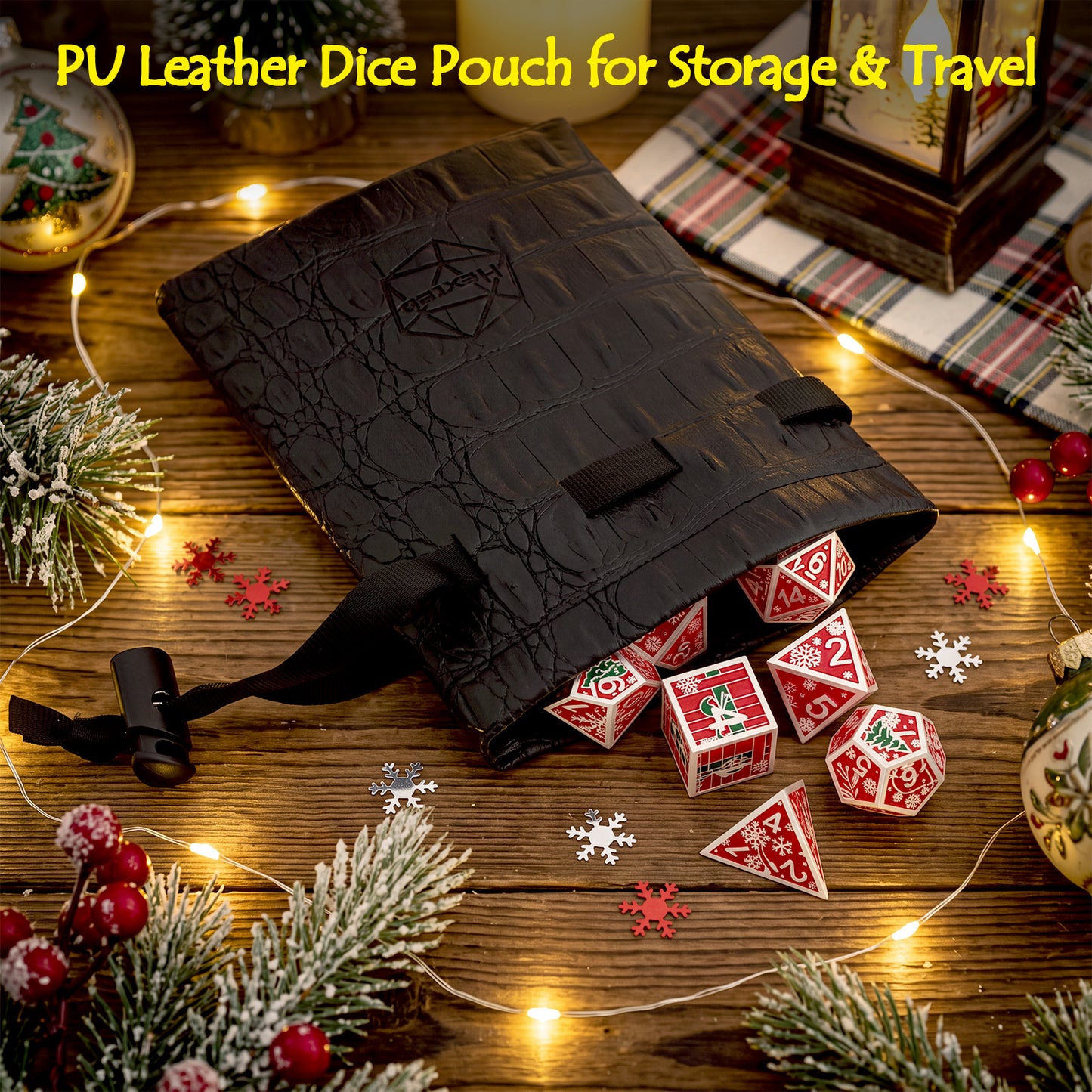 Haxtec Christmas Metal DnD Dice Set with Leather Pouch – Crimson with Silver Edge