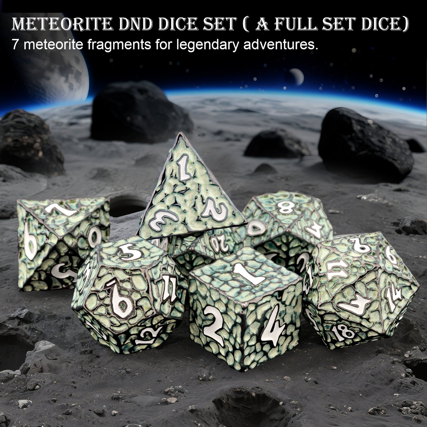 Haxtec Meteorite Texture Metal DnD Dice Set Aqua Light Green White  Numbers
