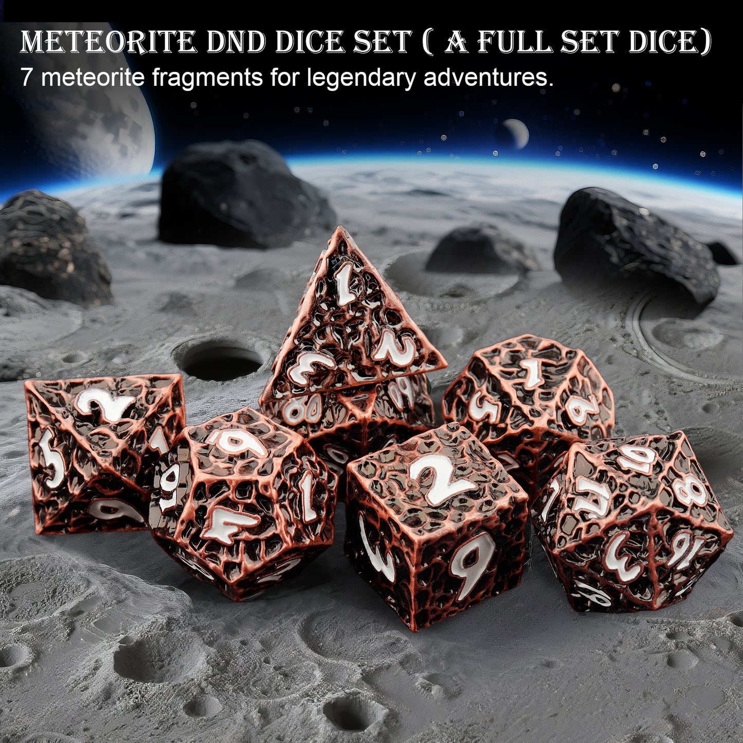 Haxtec Meteorite Texture Metal DnD Dice Set Ancient Cooper White Numbers