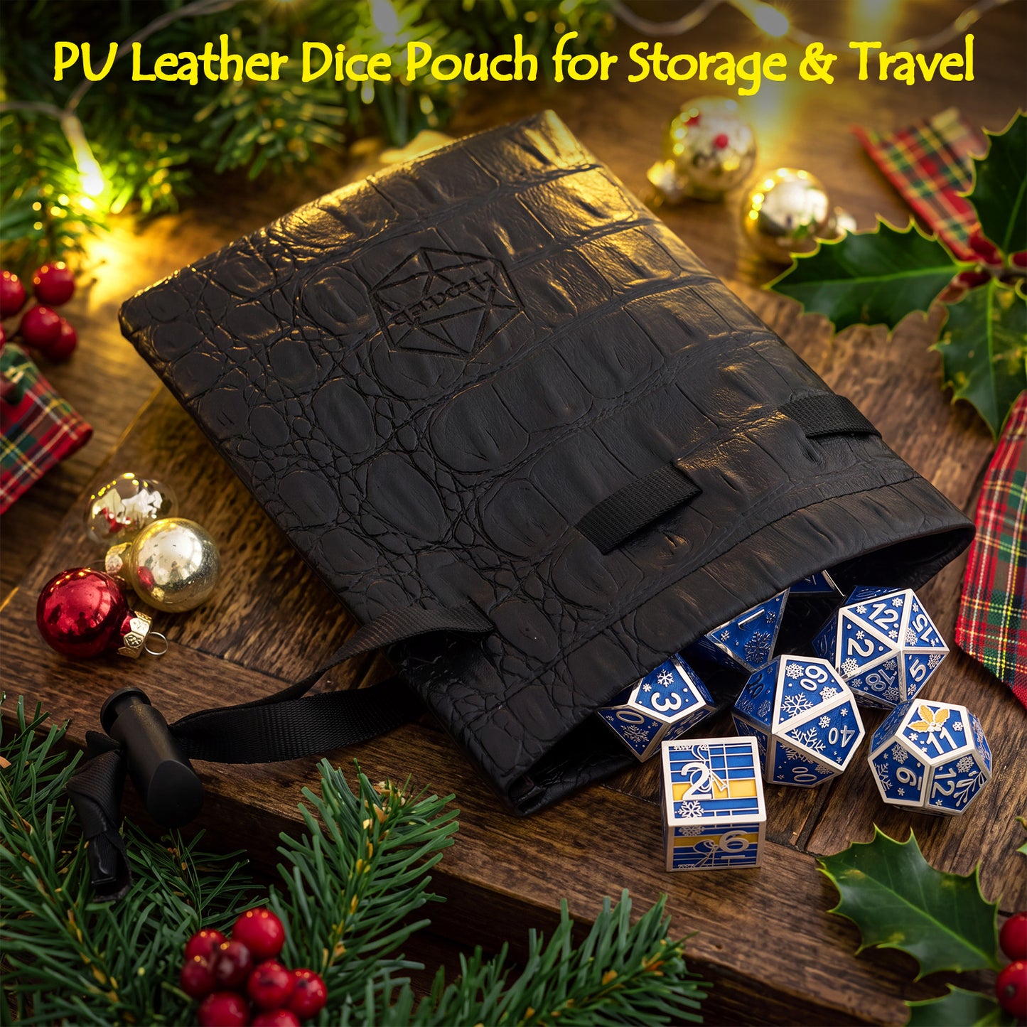 Haxtec Christmas Metal DnD Dice Set with Leather Pouch – Blue Yellow with Silver Edge