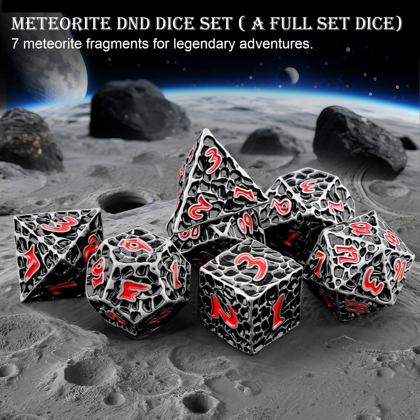 Haxtec Meteorite Texture Metal DnD Dice Set Iron Red Numbers
