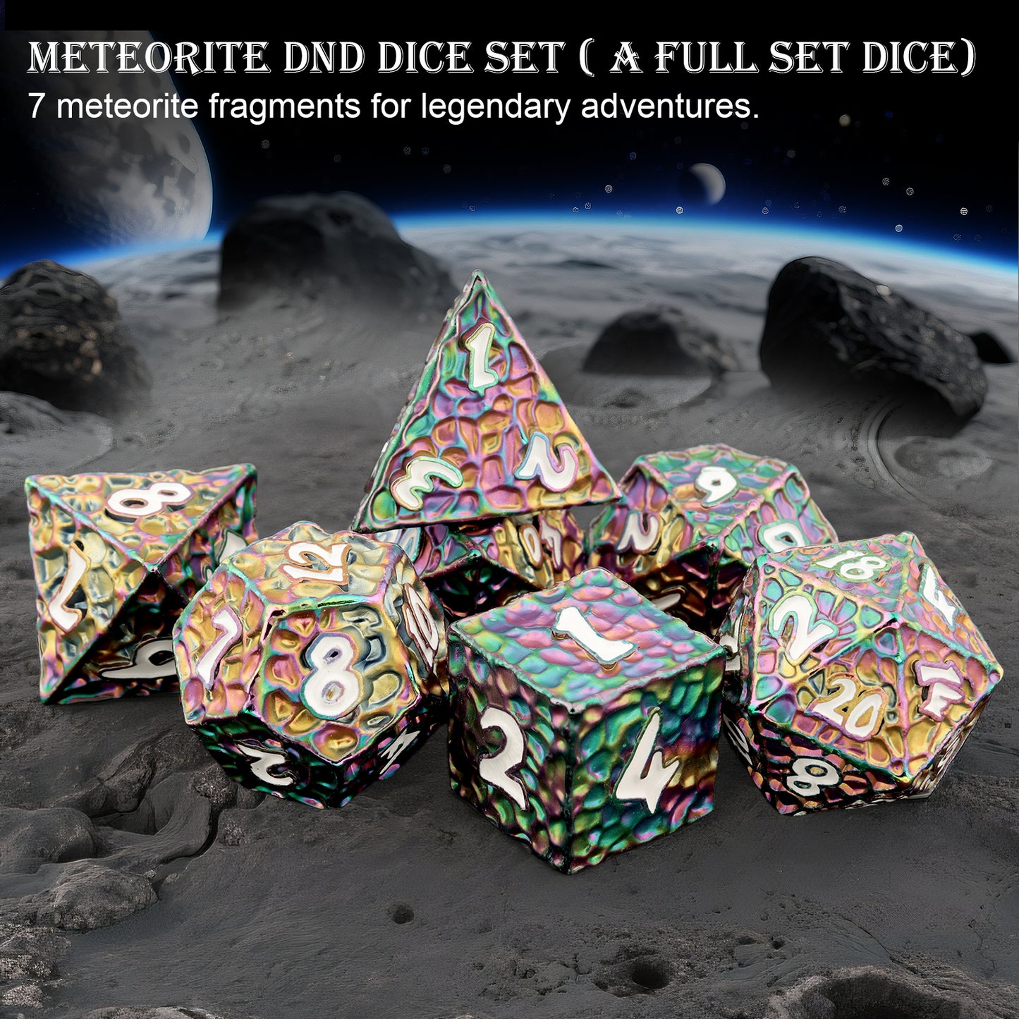 Haxtec Meteorite Texture Metal DnD Dice Set Colorful White Numbers