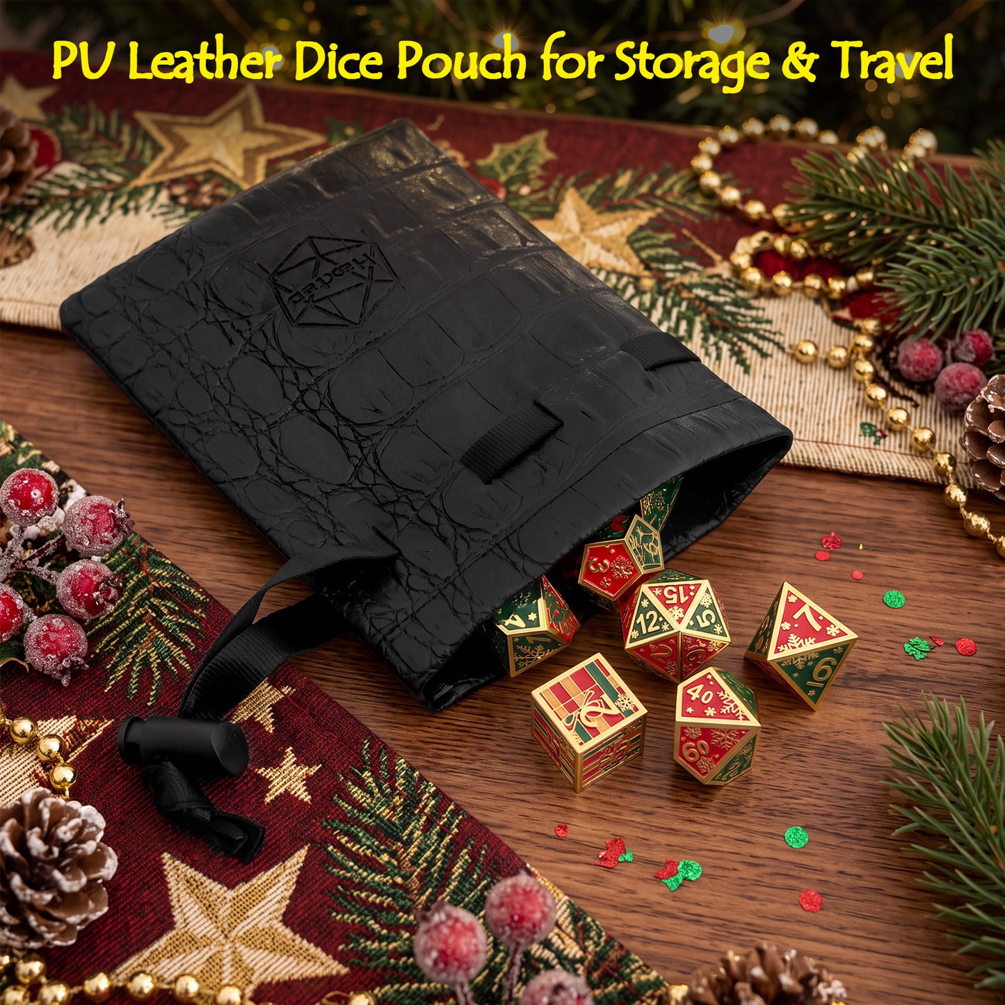 Haxtec Christmas Metal DnD Dice with Leather Pouch - Red Green with Gold Edge