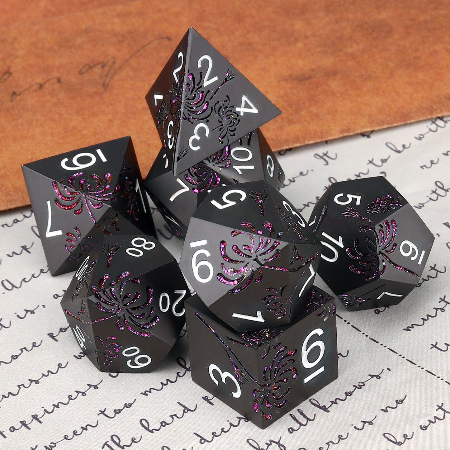 Haxtec Purple Spider Lily Flower Metal DND Dice Set for Dungeons and Dragons TTRPG-Black Purple Glitter