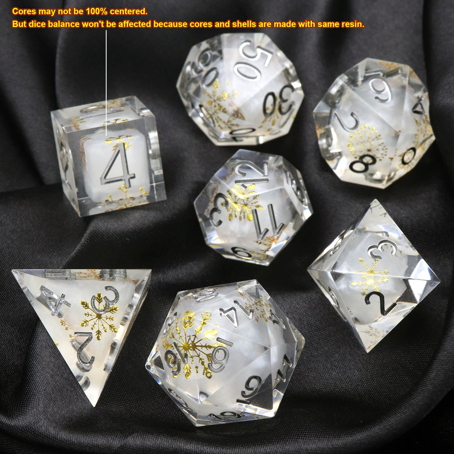 Haxtec Sharp Edge Dice Set Cute Gold Snow Flakes Christmas Resin DND Dice Set with Dice Case
