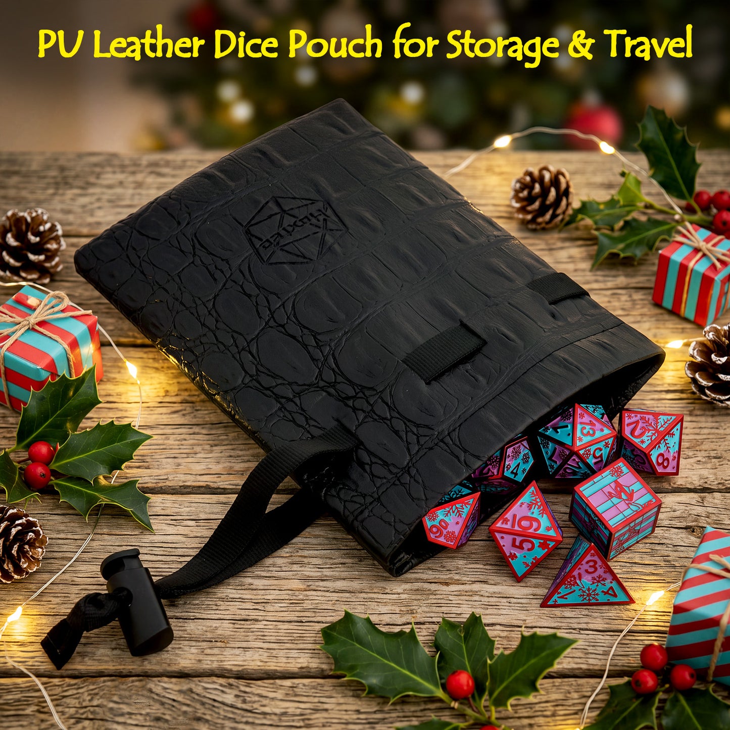 Haxtec Christmas Metal DnD Dice Set with Leather Pouch – Blue Purple with Red Edge