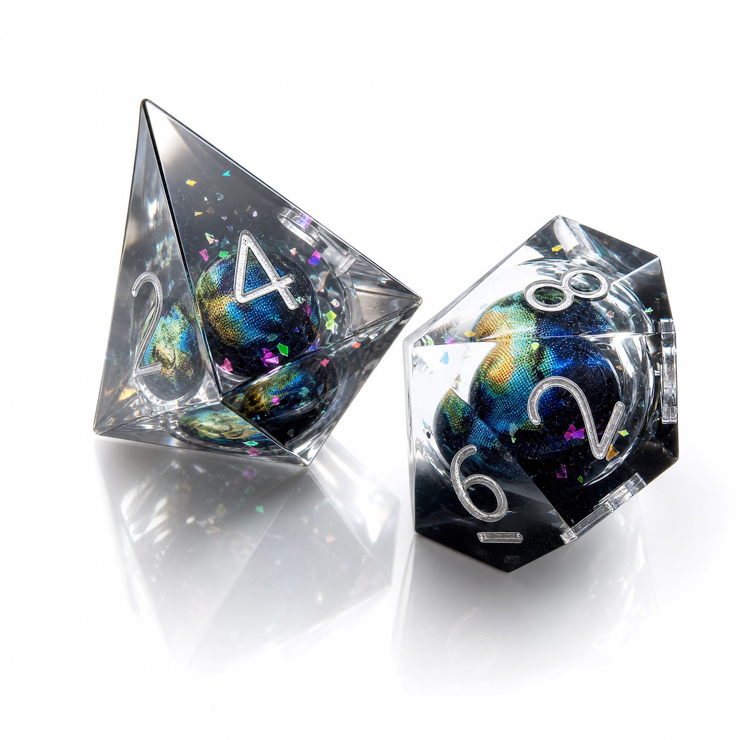 Haxtec Blue Planet Liquid Core Sharp Edge Resin DND Dice Set with Metal Case