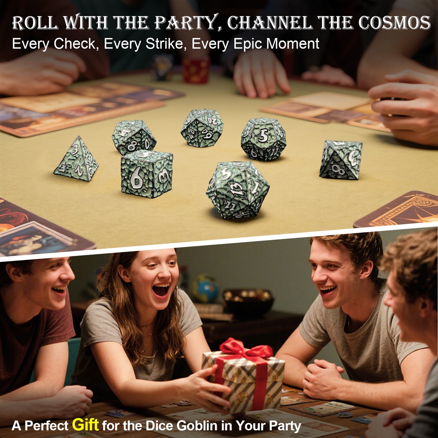 Haxtec Meteorite Texture Metal DnD Dice Set Aqua Light Green White  Numbers