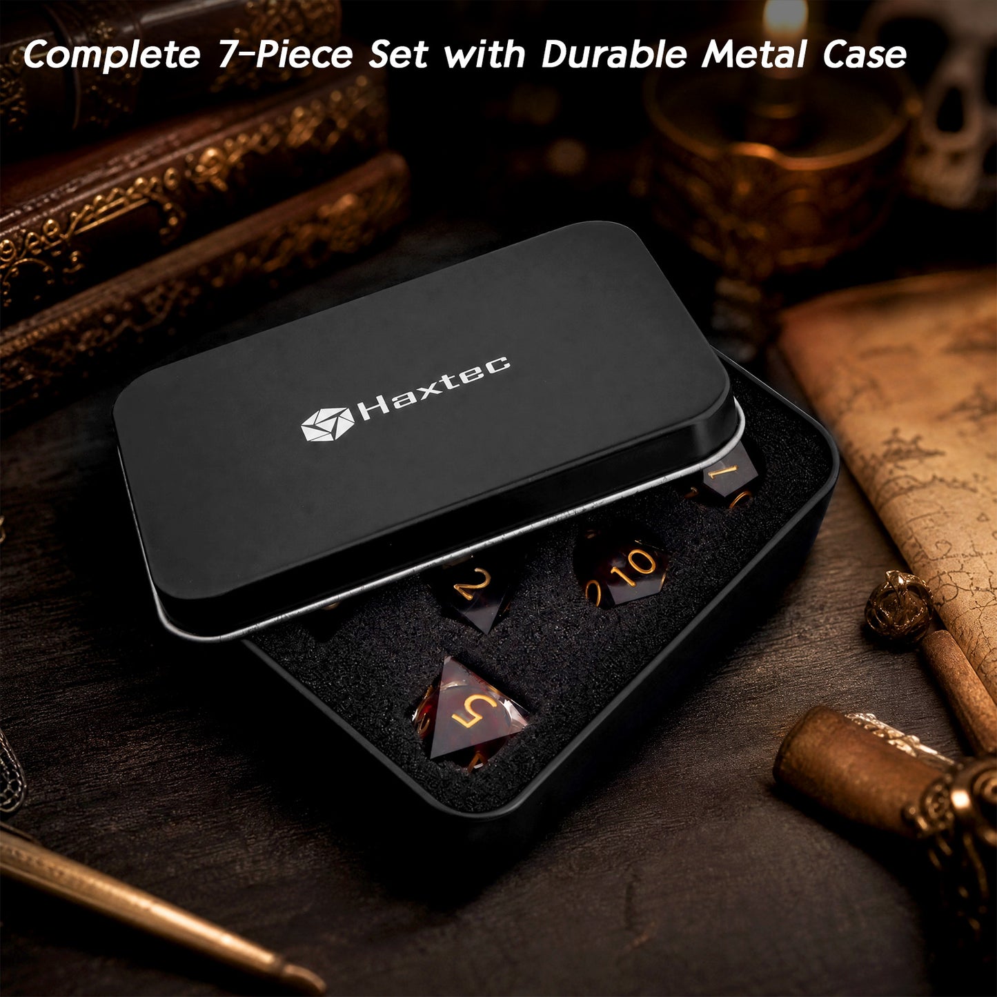 Haxtec Blood Black Red Liquid Core Sharp Edge Resin DND Dice Set Gold Numbering with Metal Case