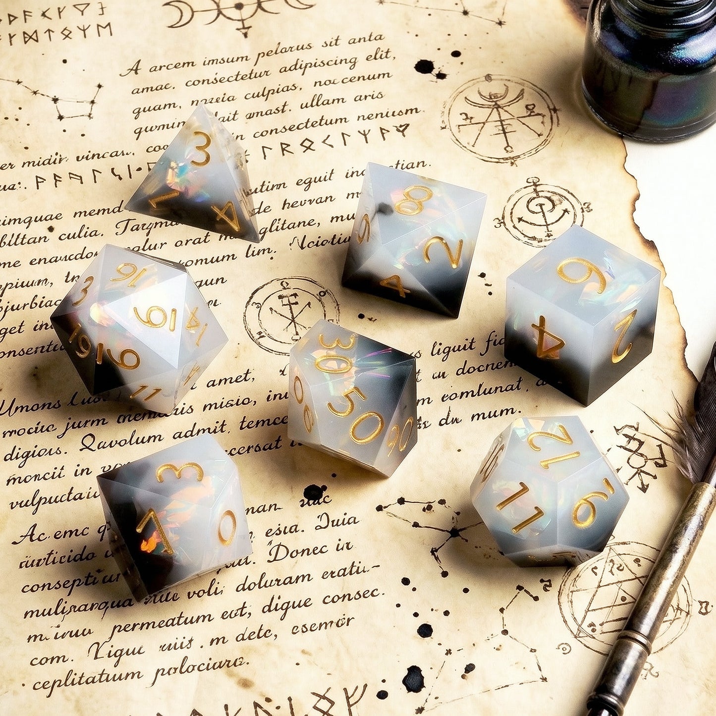Haxtec Sharp Edge Dice Set DND Dice Black and White Resin Dice Iridecent Mylar Galaxy D&D Dice for RPG Role Playing Dungeons and Dragons Gift