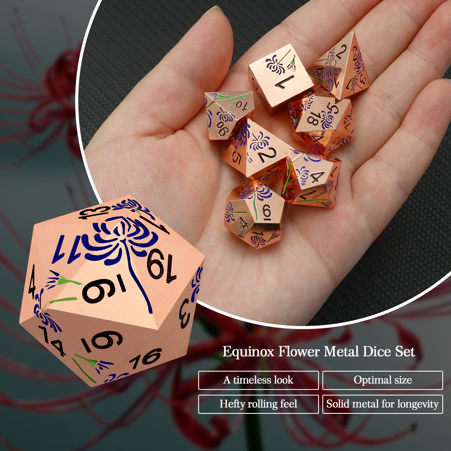 Haxtec Purple Spider Lily Metal DND Dice Set for Dungeons and Dragons TTRPG-Rosegold Purple