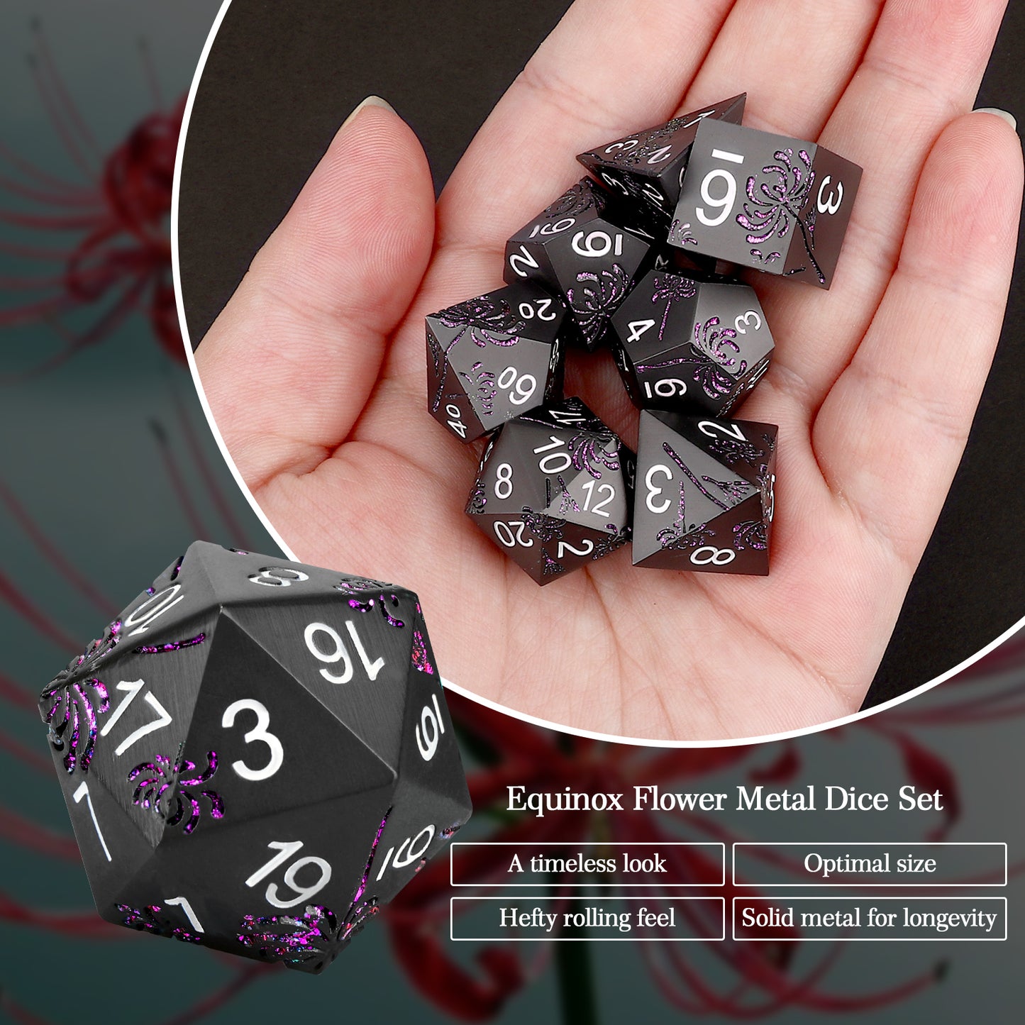 Haxtec Purple Spider Lily Flower Metal DND Dice Set for Dungeons and Dragons TTRPG-Black Purple Glitter