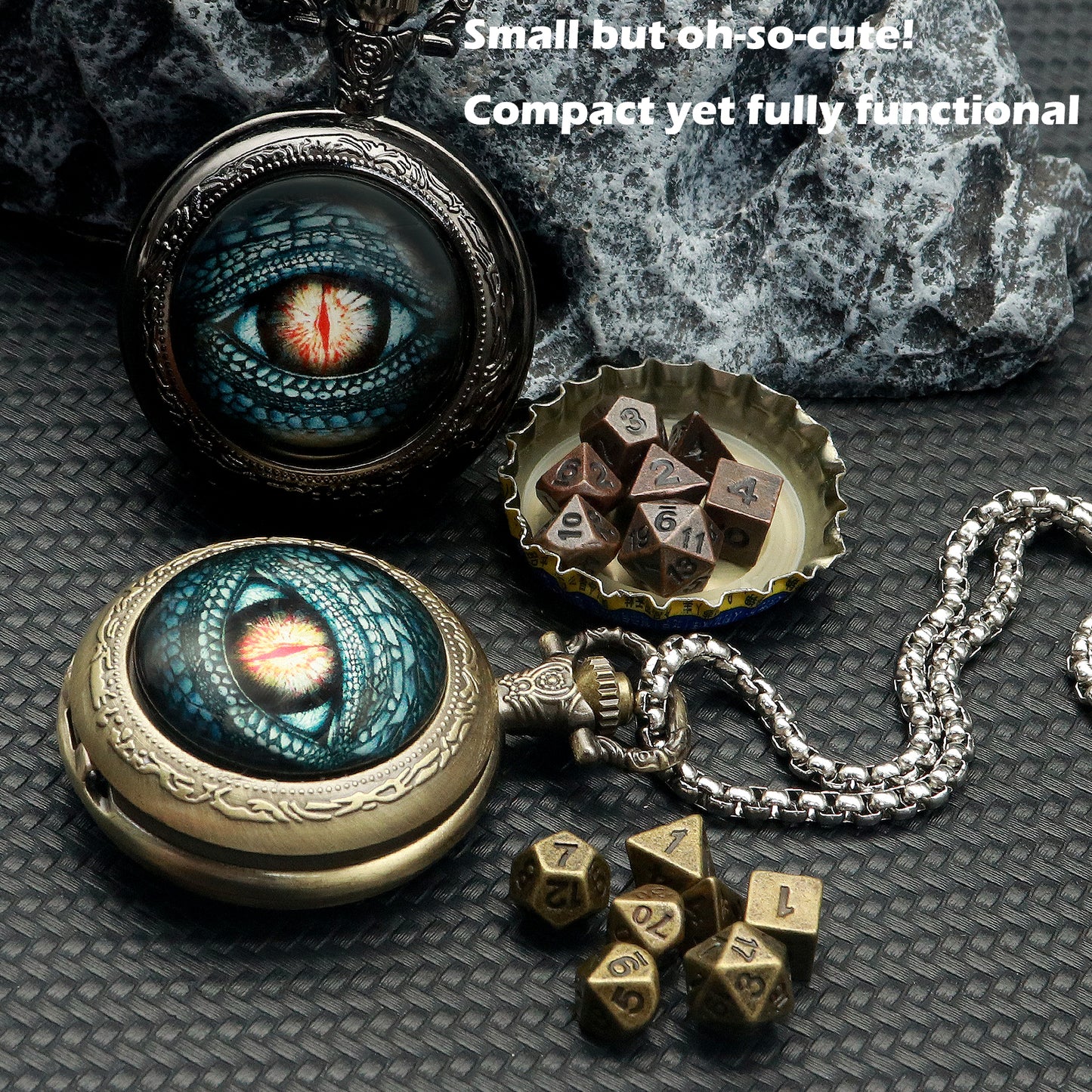 Haxtec Mini Metal Dice Set D&D with Pocket Watch Shell and Necklace Metal Keychain Dice