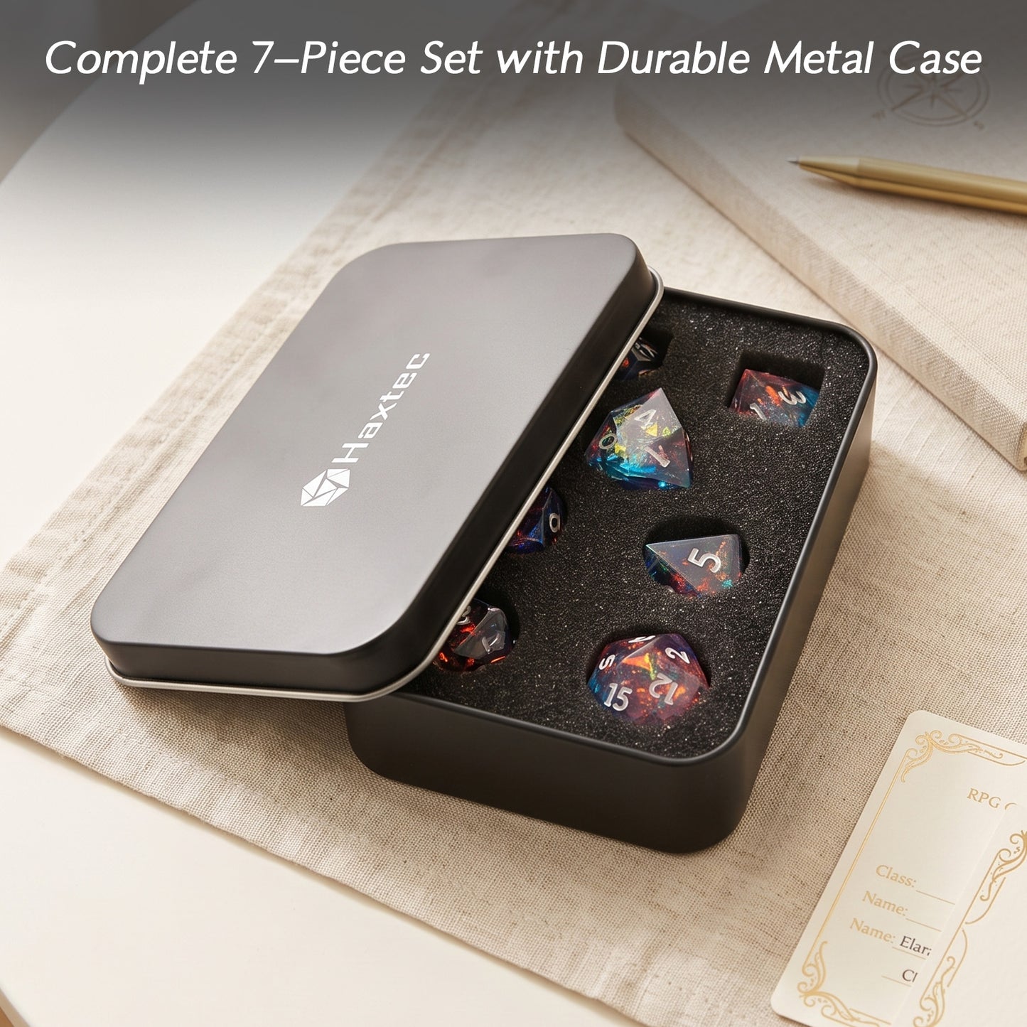 Haxtec Pastel Dreamscape Holographic Dice – Diamond-Cut Resin Set with Metal Case