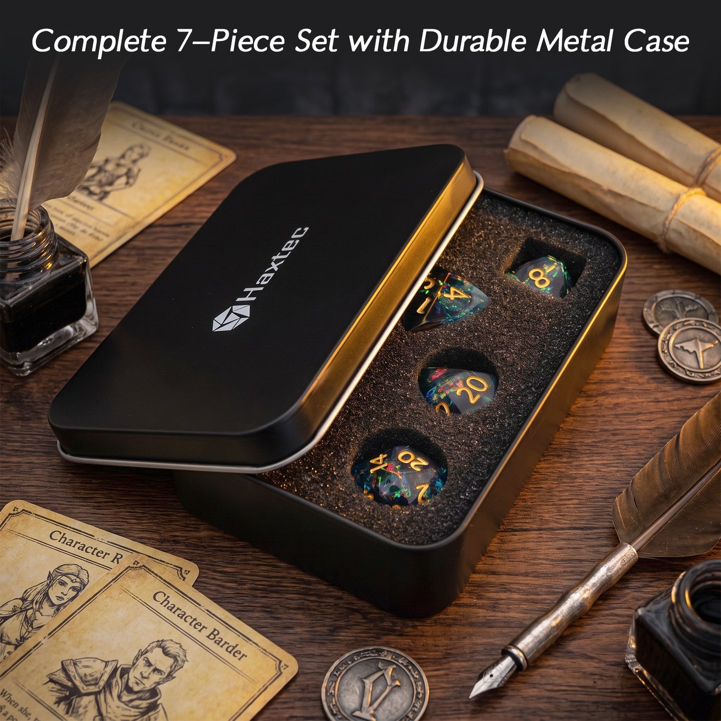 Haxtec Aurora Prism Holographic Sparkling Dice Set – Diamond-Cut Iridescent Resin D&D Dice with Metal Case
