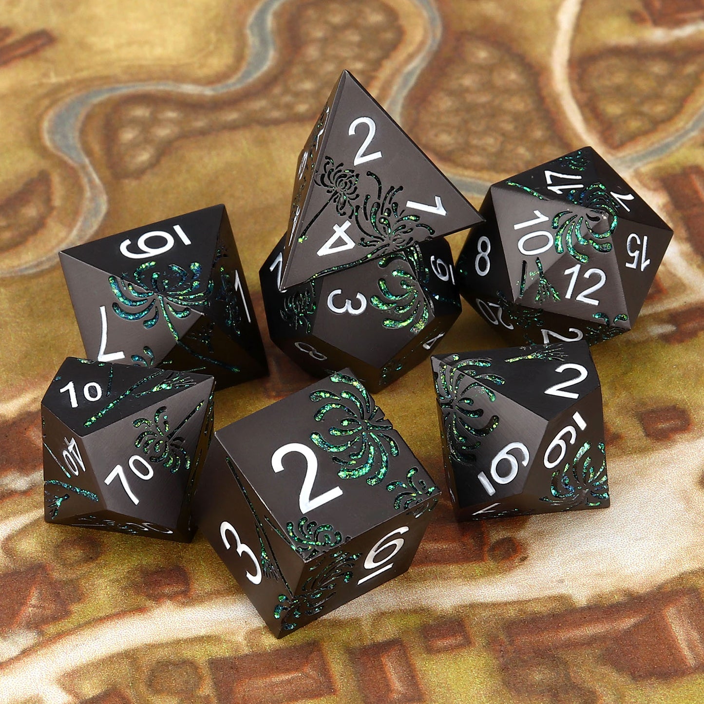 Haxtec Green Spider Lily Flower Metal DND Dice Set for Dungeons and Dragons TTRPG-Black Green Glitter