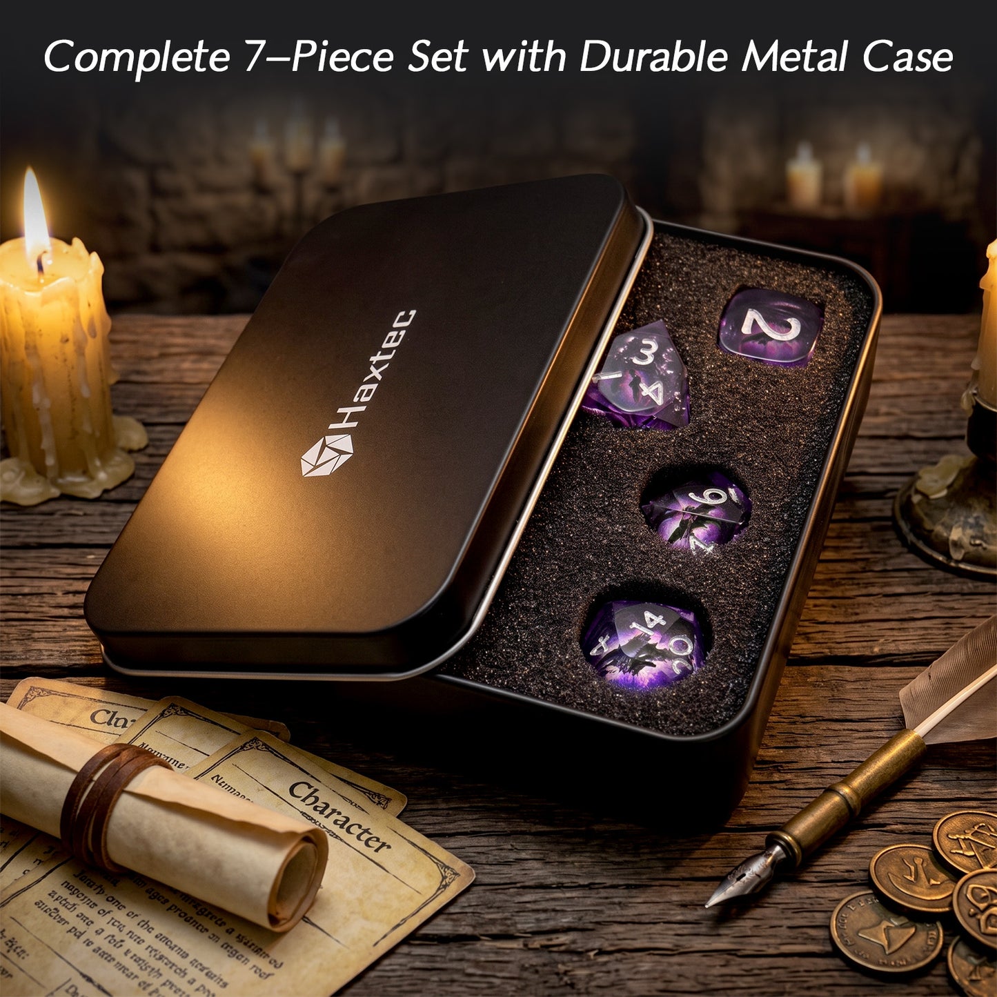 Haxtec Arcane Gaze Purple Eye Liquid Core Dice – Diamond-Cut Resin Set with Metal Case