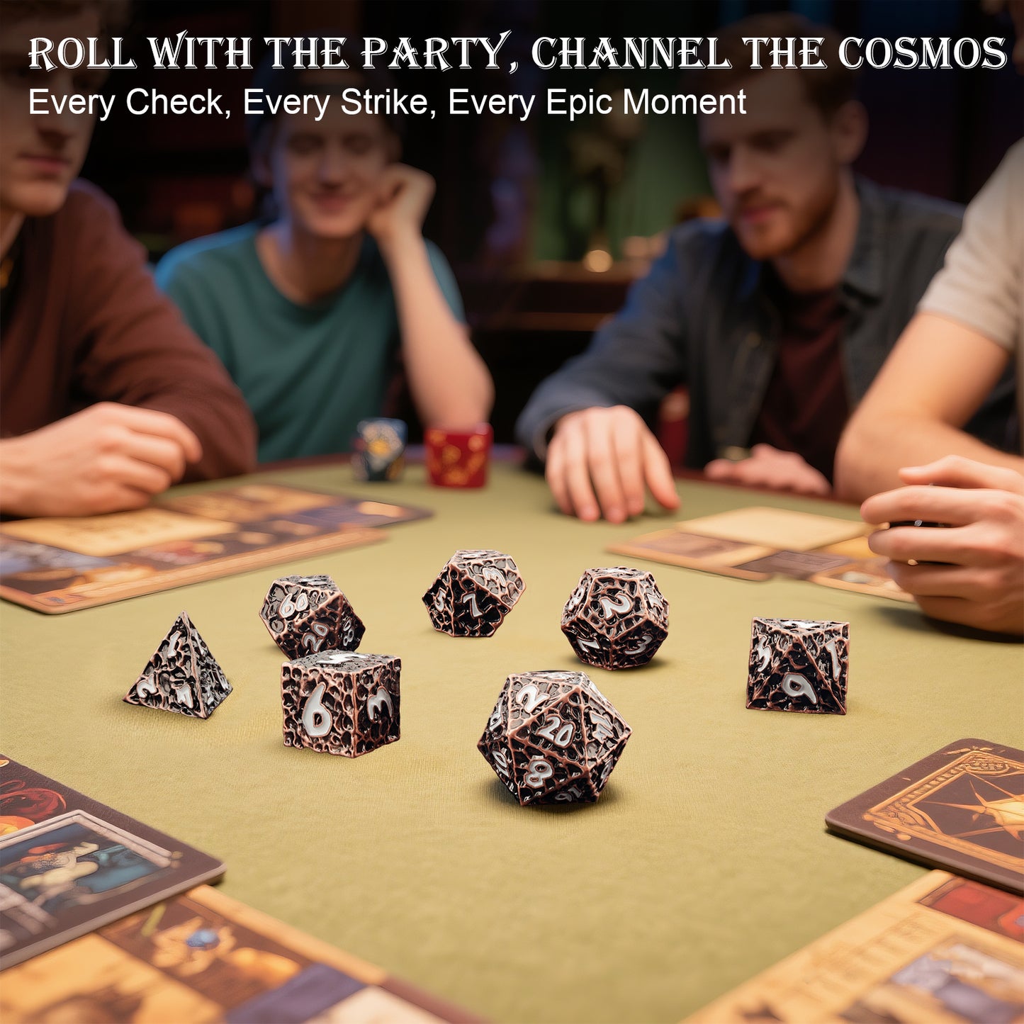 Haxtec Meteorite Texture Metal DnD Dice Set Ancient Cooper White Numbers