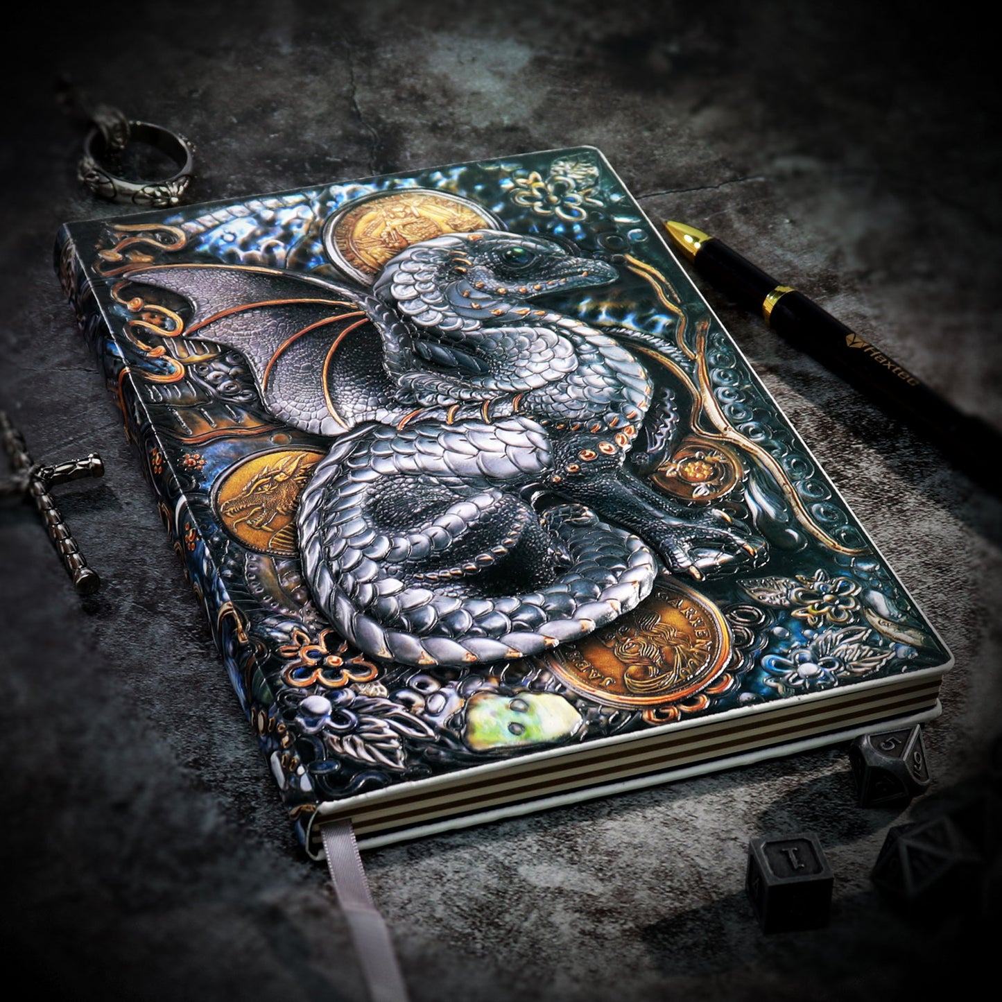 Haxtec DND Notebook Dotte Grid 3D Embossed Wyrmling Dragon Leather Journal W/Pen Fantasy DND Journal for TTRPG Dungeons and Dragons DM & Player Gifts A5
