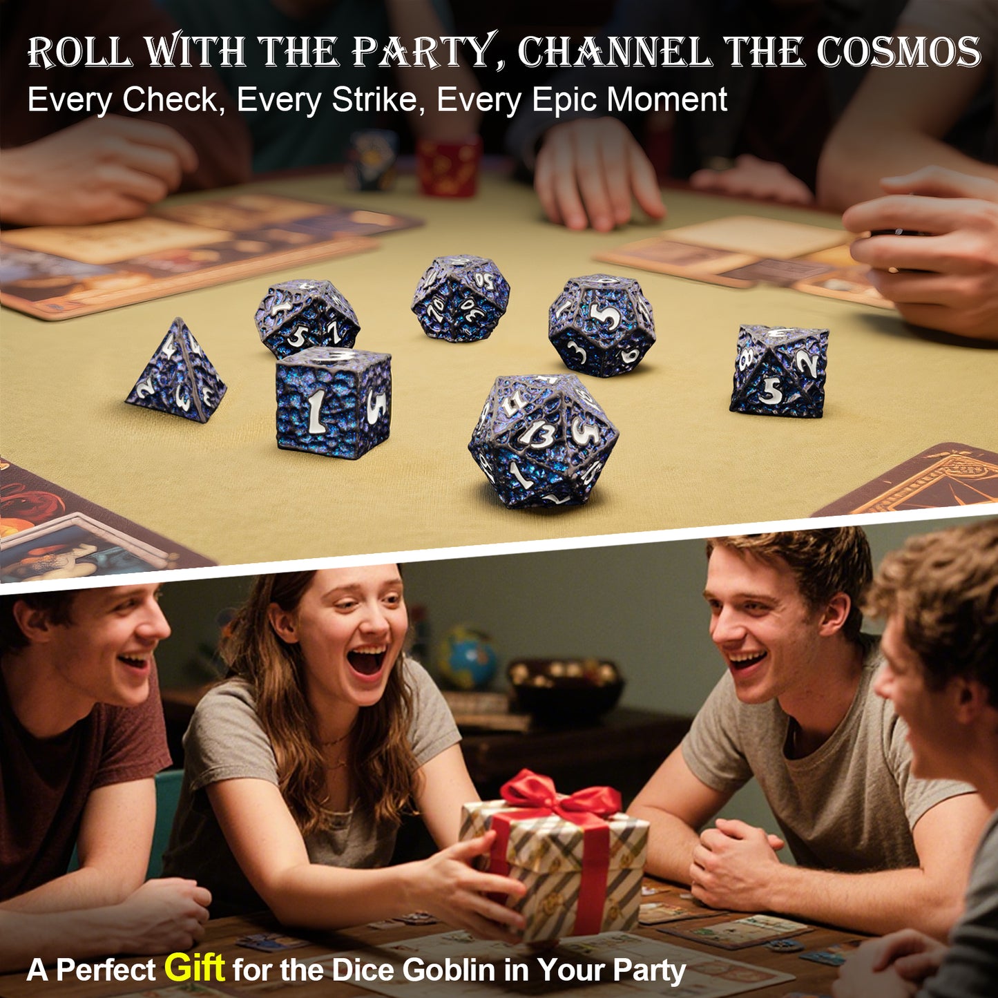 Haxtec Meteorite Texture Metal DnD Dice Set Flash Blue Purple with White Numbers