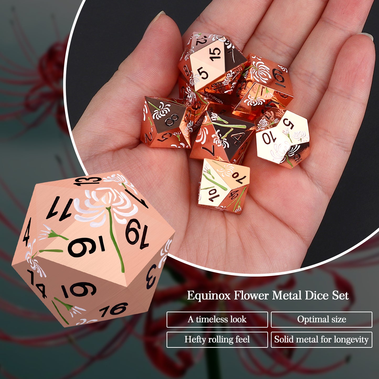 Haxtec White Spider Lily Flower Metal DND Dice Set for Dungeons and Dragons TTRPG-Rosegold White