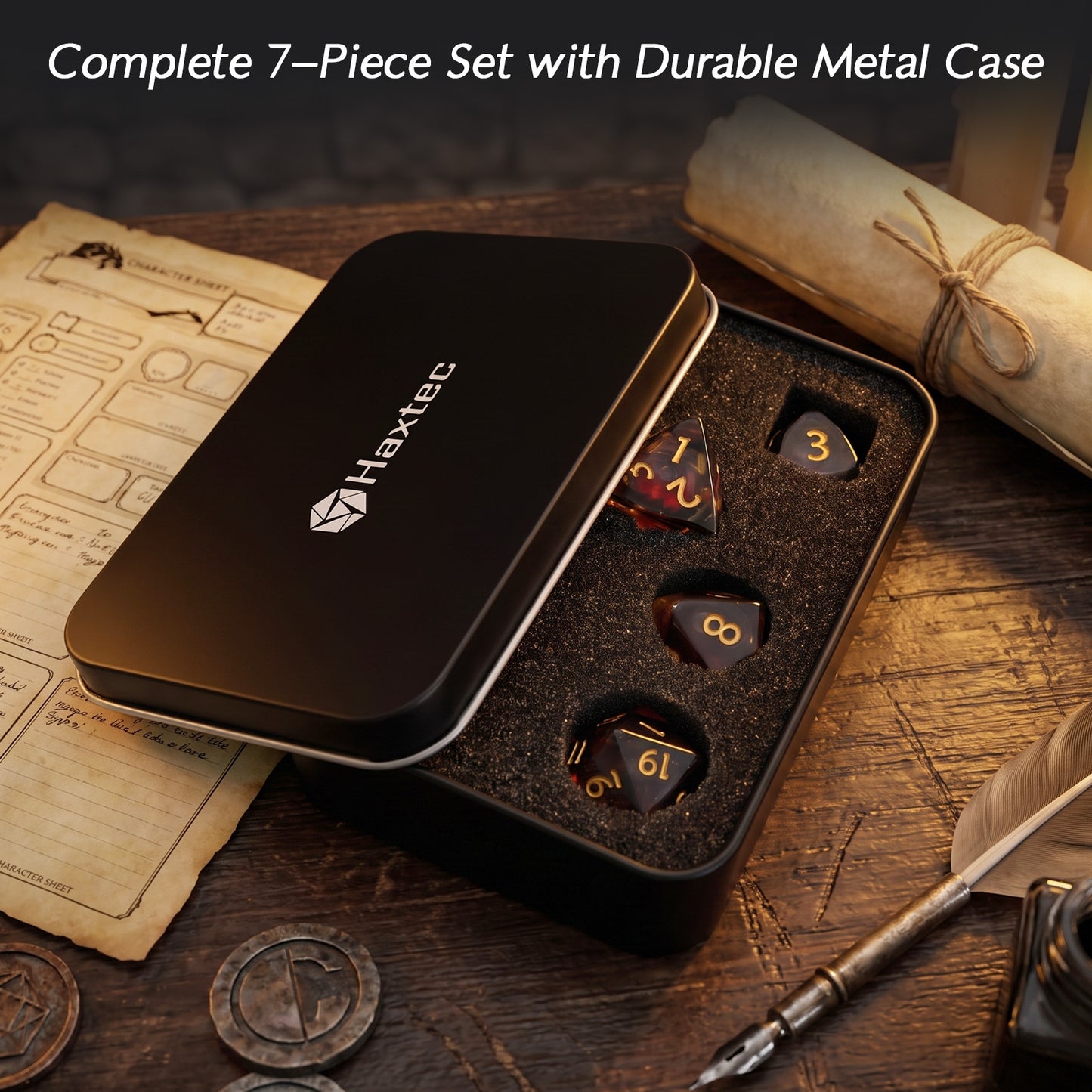 Haxtec Crimson Nebula Liquid Core Dice – Diamond-Cut Resin Set with Metal Case