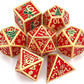 Haxtec Christmas Metal DnD Dice Set with Leather Pouch – Red with Gold Edge
