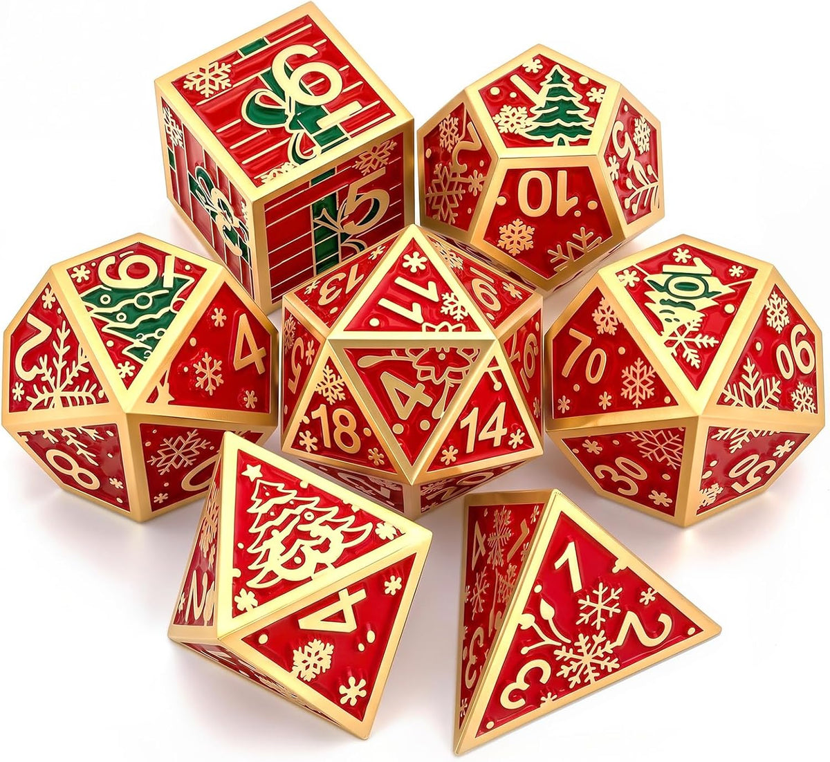 Haxtec Christmas Metal DnD Dice Set with Leather Pouch – Red with Gold Edge