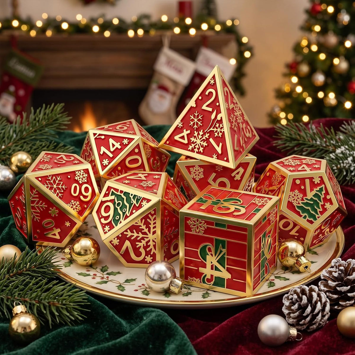 Haxtec Christmas Metal DnD Dice Set with Leather Pouch – Red with Gold Edge