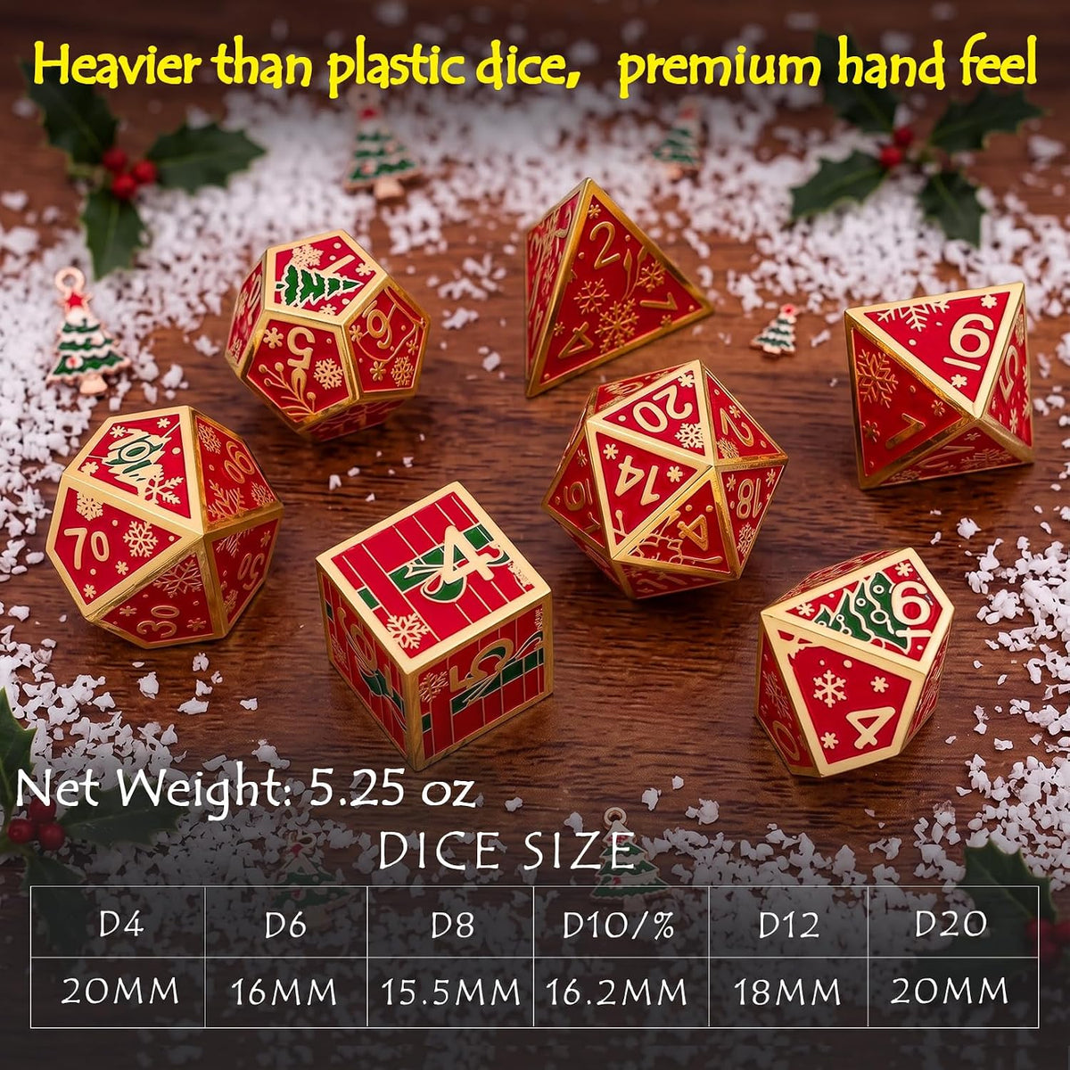 Haxtec Christmas Metal DnD Dice Set with Leather Pouch – Red with Gold Edge