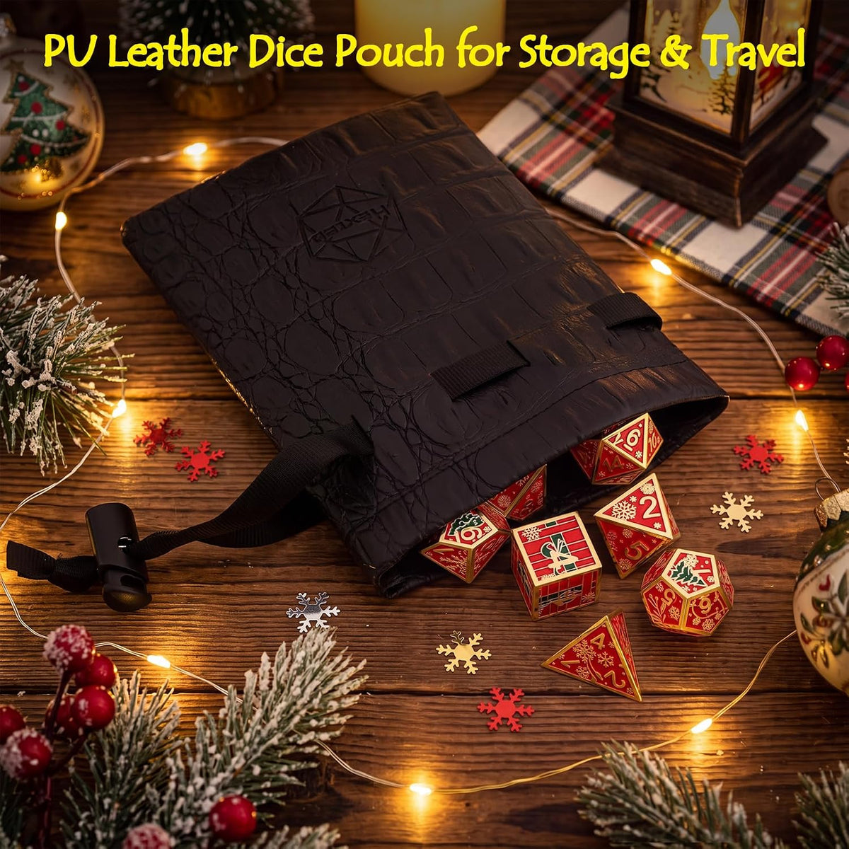 Haxtec Christmas Metal DnD Dice Set with Leather Pouch – Red with Gold Edge