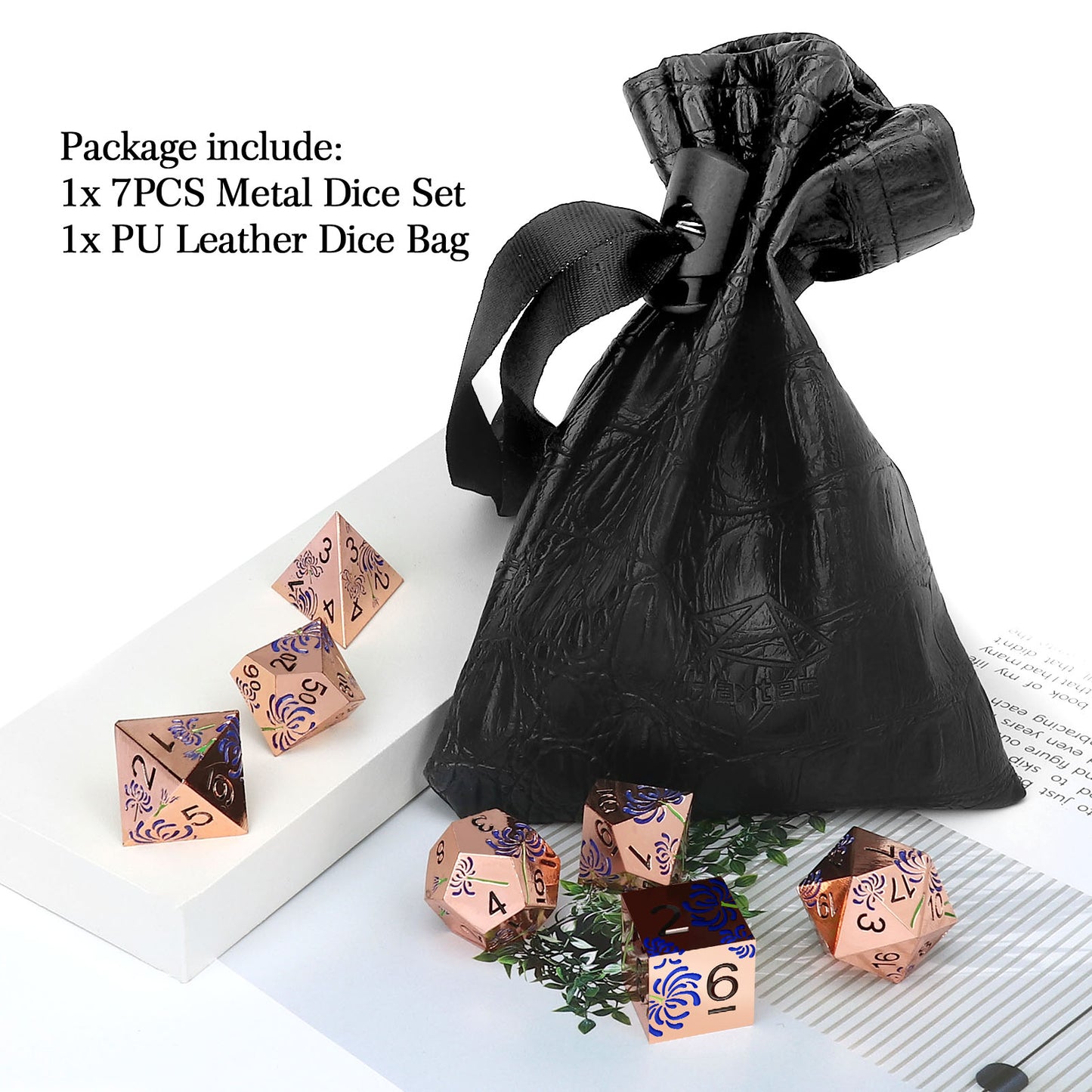 Haxtec Purple Spider Lily Metal DND Dice Set for Dungeons and Dragons TTRPG-Rosegold Purple