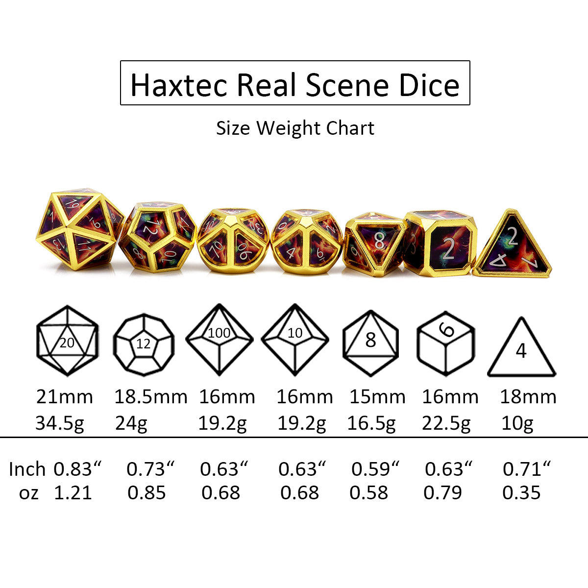 Haxtec Real Scene Metal Dice Set Gold Purple RPG Dice for DND 5E-Meteor Swarm