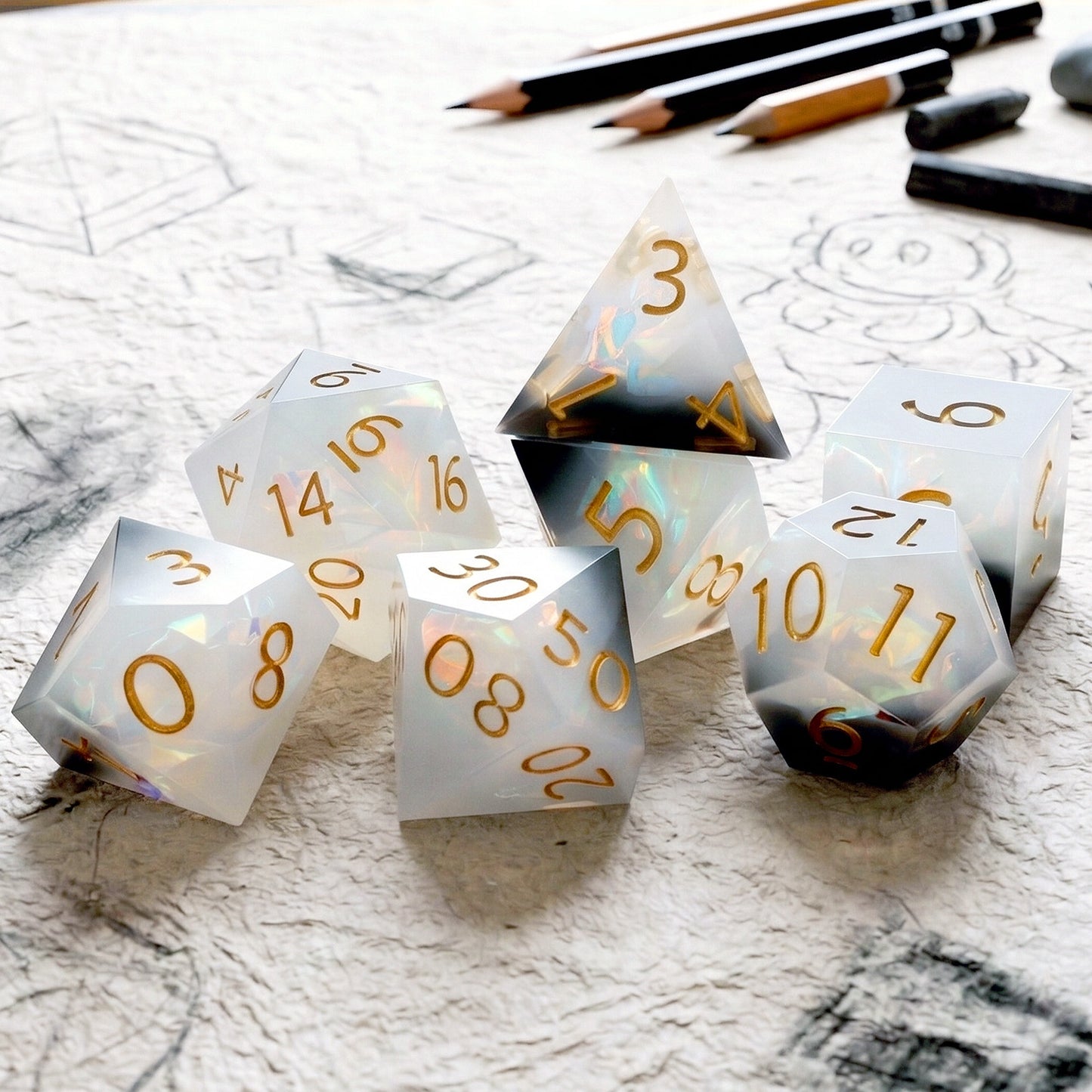 Haxtec Sharp Edge Dice Set DND Dice Black and White Resin Dice Iridecent Mylar Galaxy D&D Dice for RPG Role Playing Dungeons and Dragons Gift