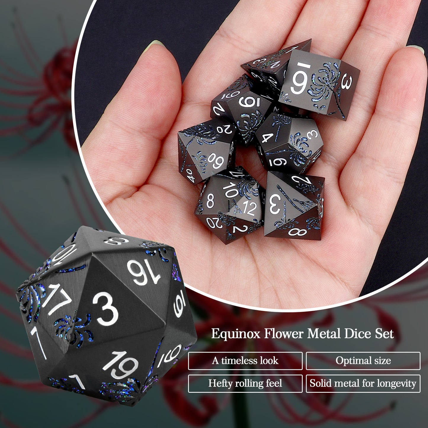 Haxtec Blue Spider Lily Flower Metal DND Dice Set for Dungeons and Dragons TTRPG-Black Blue Glitter