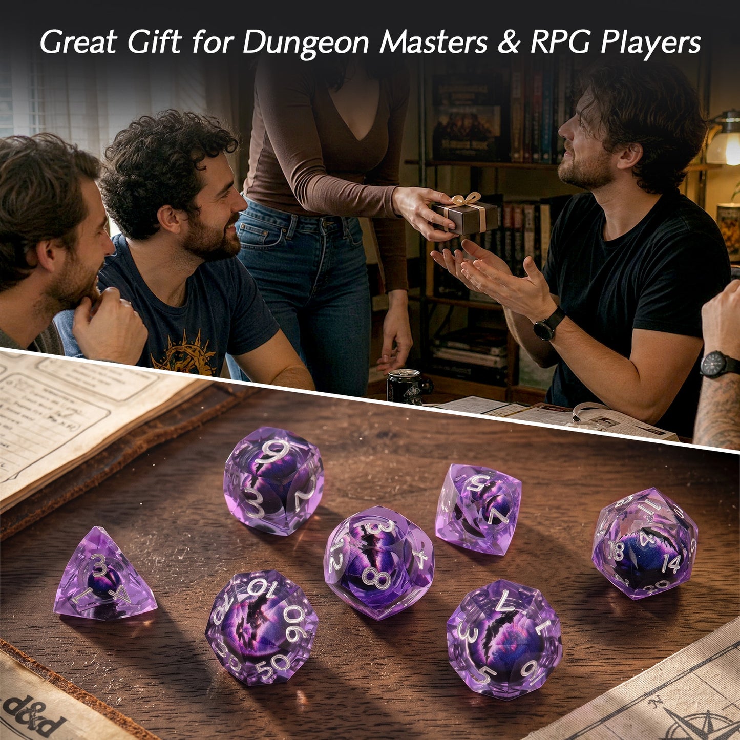 Haxtec Arcane Gaze Purple Eye Liquid Core Dice – Diamond-Cut Resin Set with Metal Case