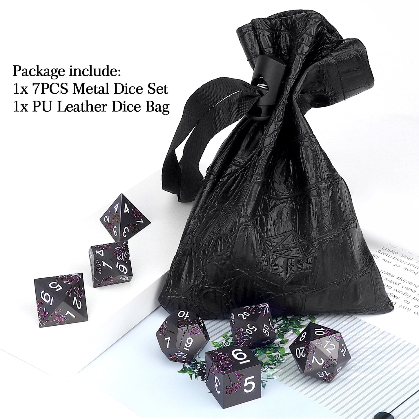 Haxtec Purple Spider Lily Flower Metal DND Dice Set for Dungeons and Dragons TTRPG-Black Purple Glitter