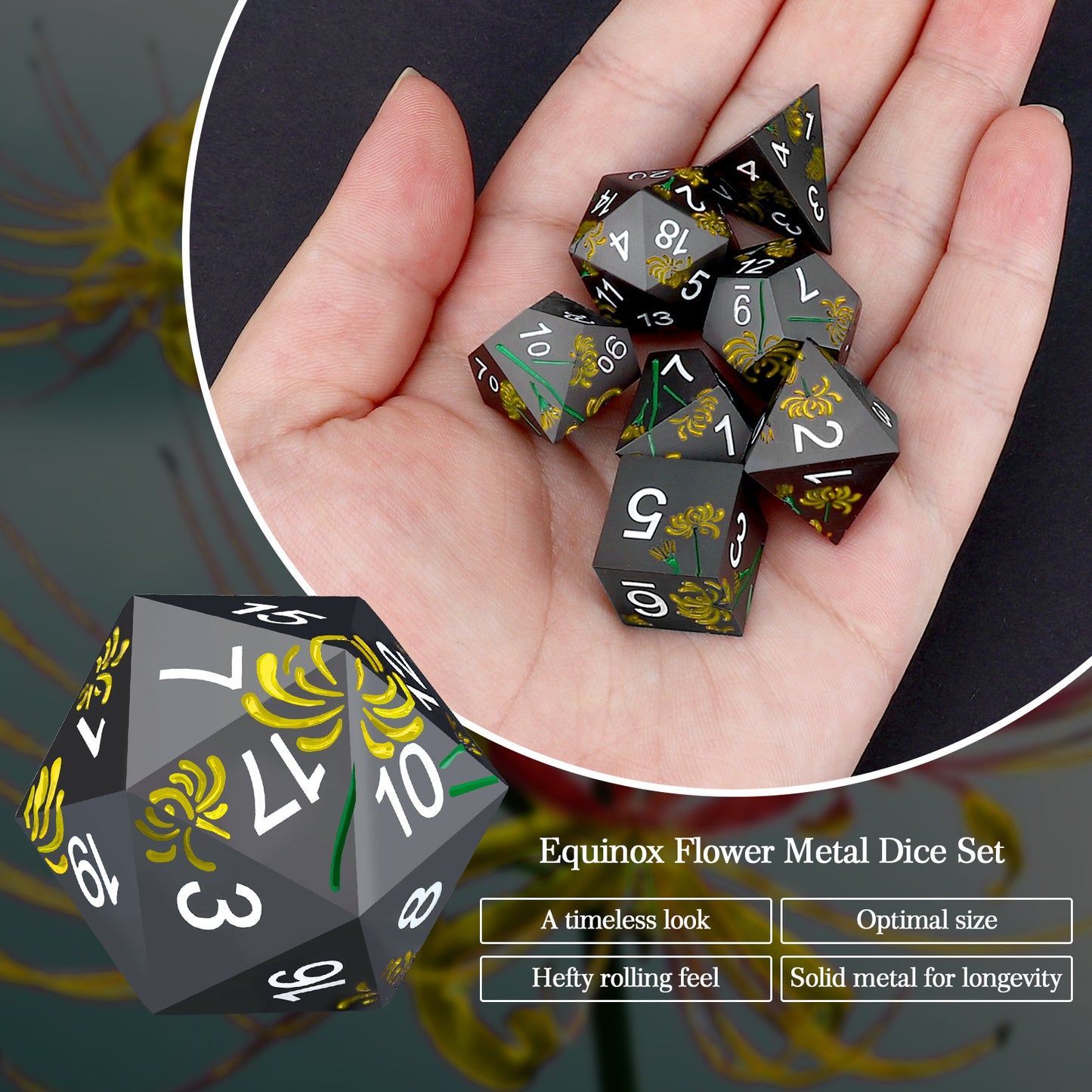 Haxtec Yellow Spider Lily Flower Metal DND Dice Set for Dungeons and Dragons TTRPG-Black Yellow