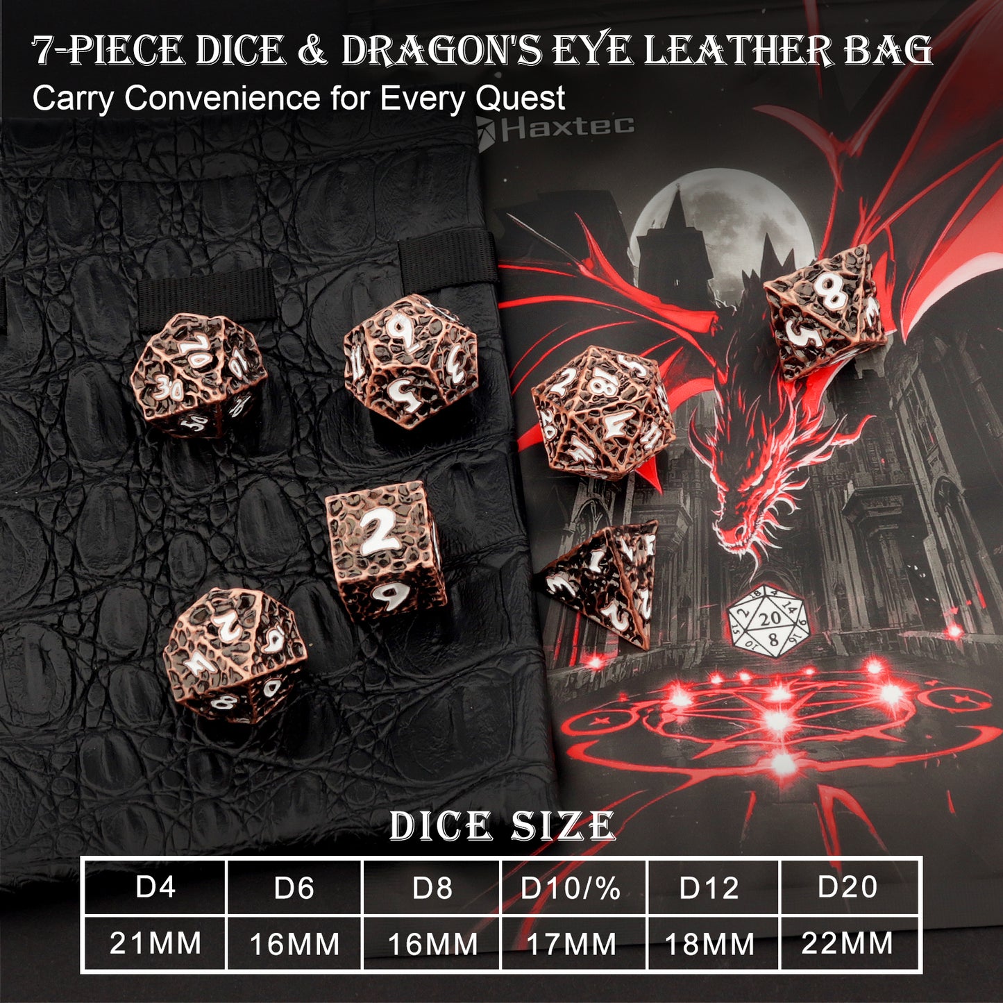 Haxtec Meteorite Texture Metal DnD Dice Set Ancient Cooper White Numbers