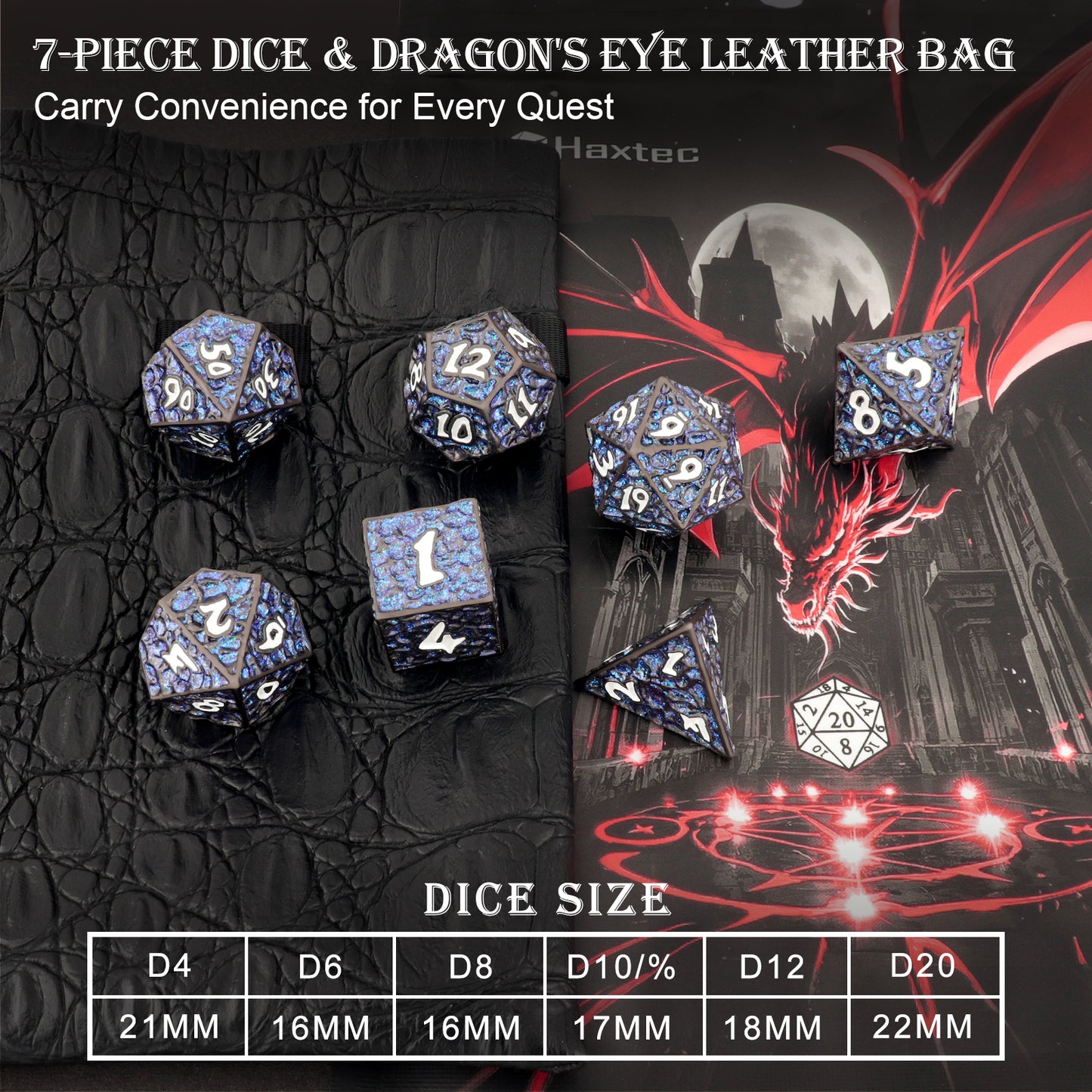 Haxtec Meteorite Texture Metal DnD Dice Set Flash Blue Purple with White Numbers