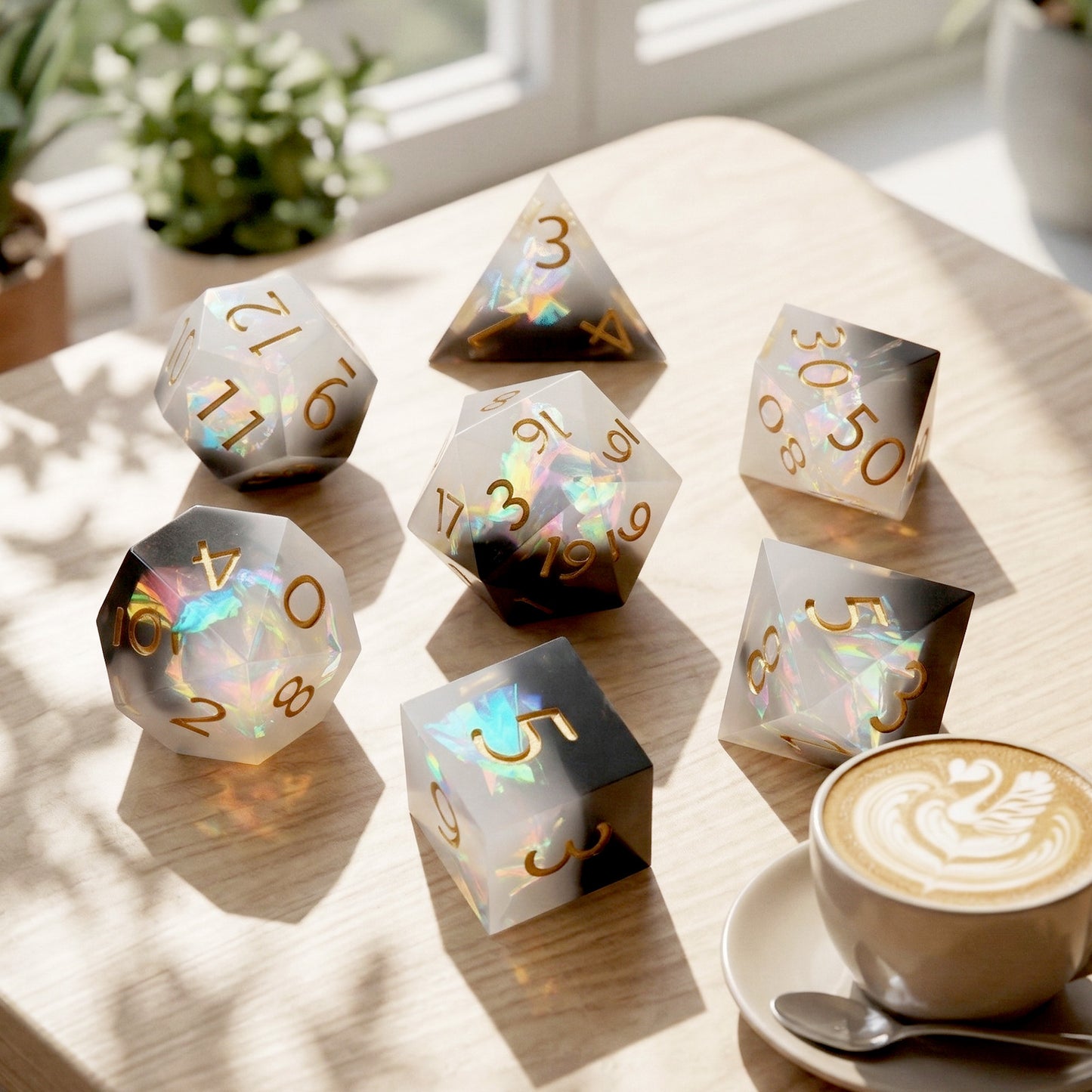 Haxtec Sharp Edge Dice Set DND Dice Black and White Resin Dice Iridecent Mylar Galaxy D&D Dice for RPG Role Playing Dungeons and Dragons Gift