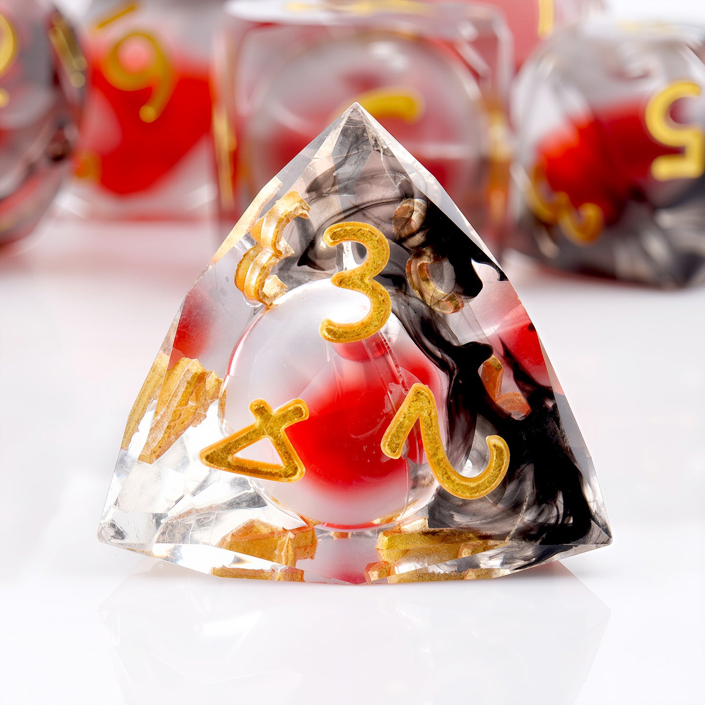 Haxtec Crimson Nebula Liquid Core Dice – Diamond-Cut Resin Set with Metal Case
