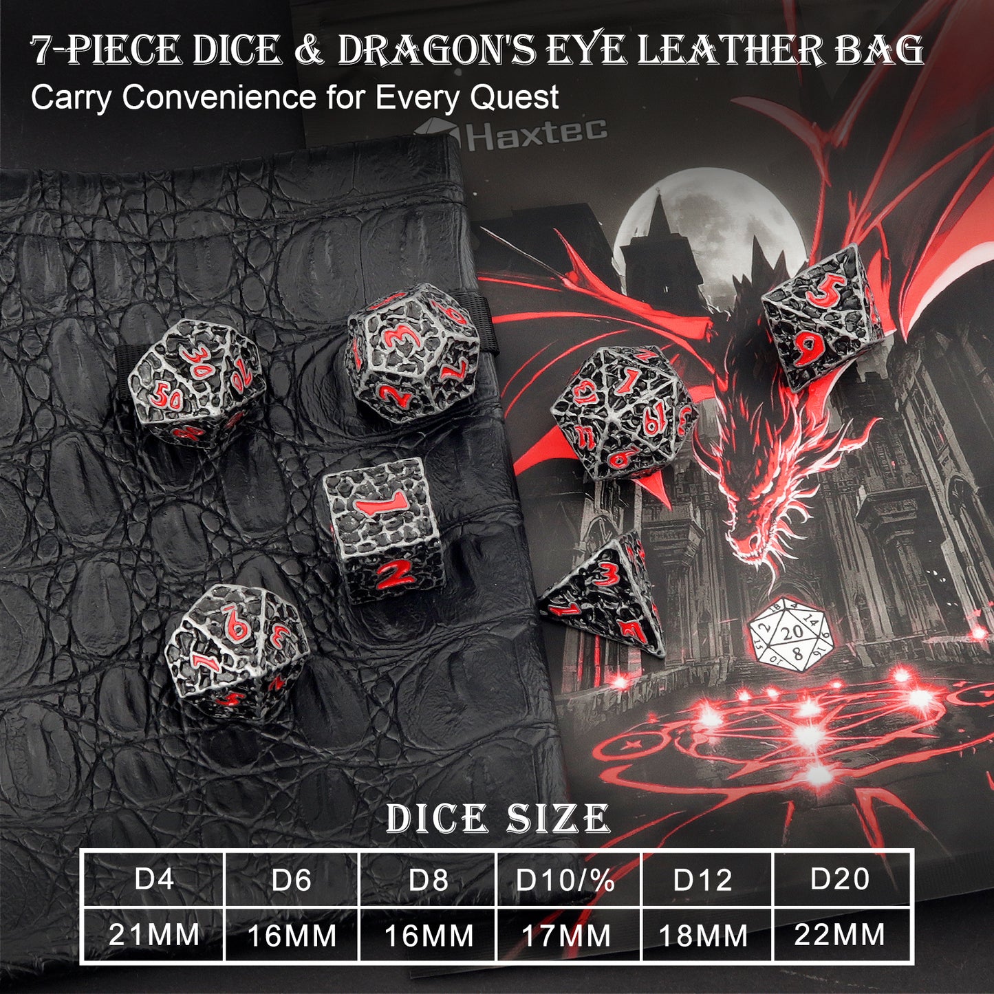 Haxtec Meteorite Texture Metal DnD Dice Set Iron Red Numbers