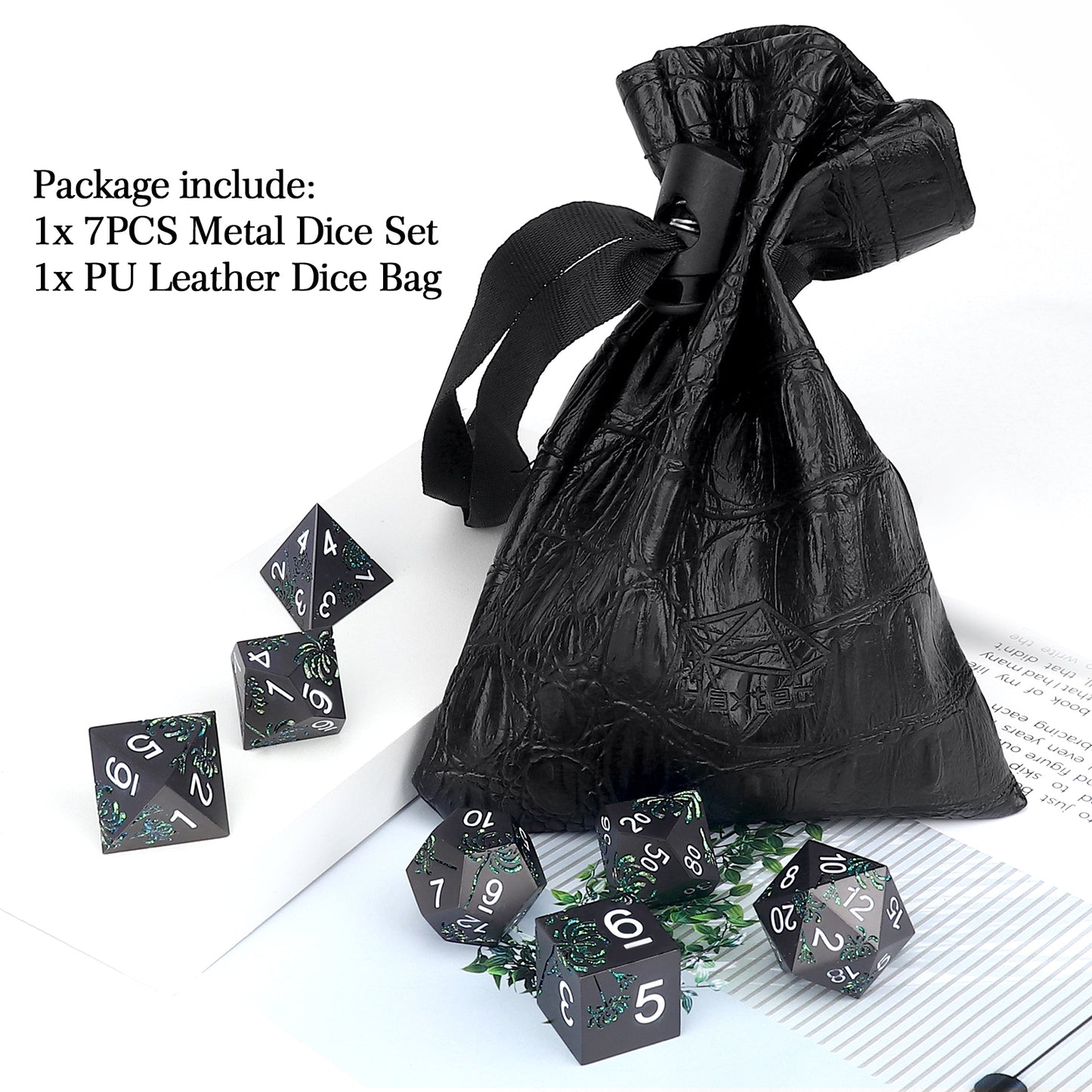 Haxtec Green Spider Lily Flower Metal DND Dice Set for Dungeons and Dragons TTRPG-Black Green Glitter