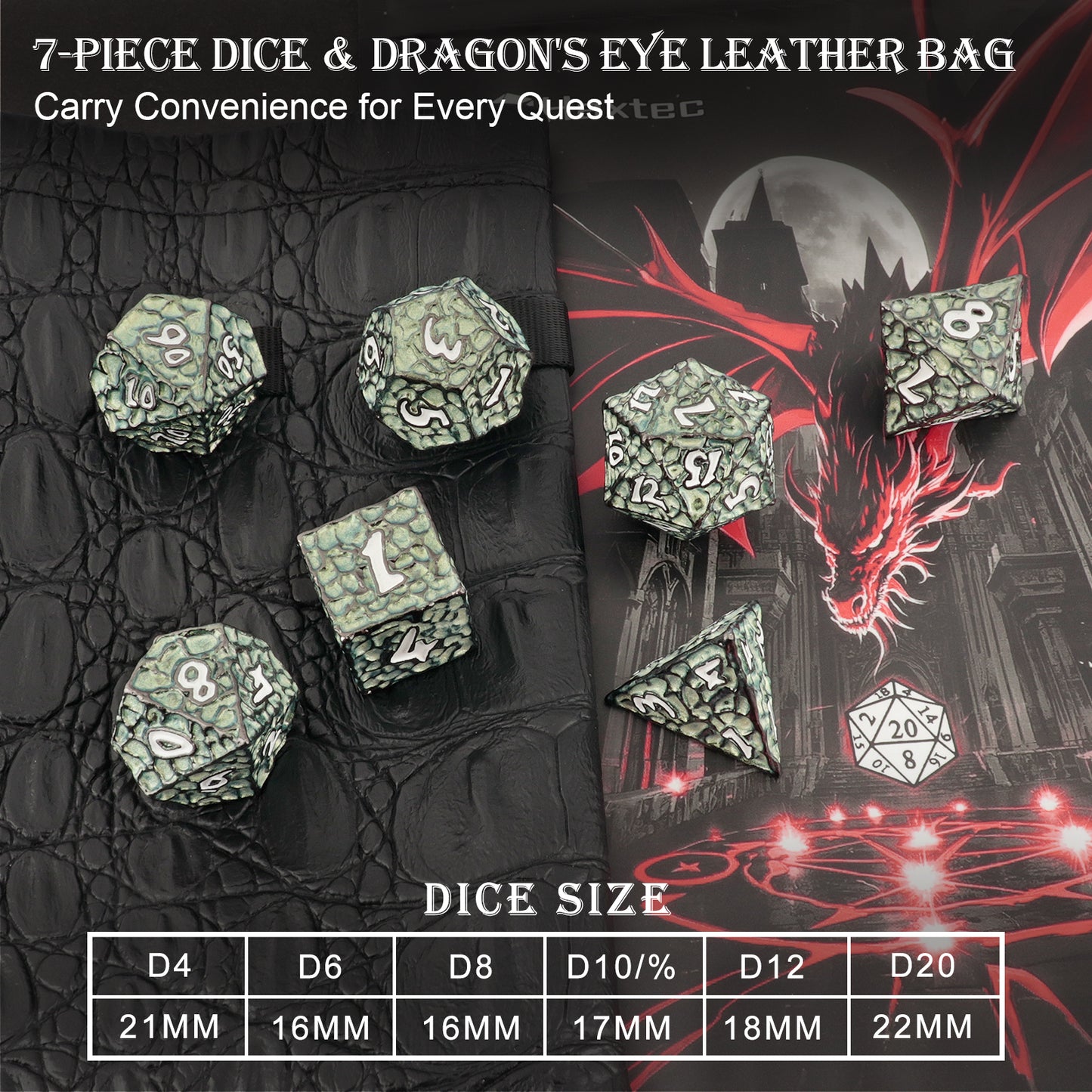 Haxtec Meteorite Texture Metal DnD Dice Set Aqua Light Green White  Numbers