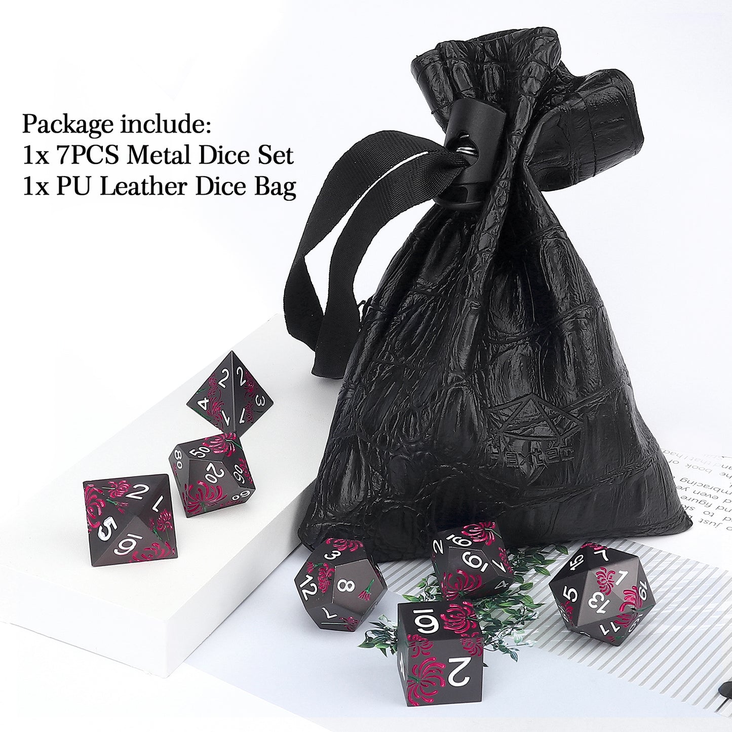 Haxtec Magenta Spider Lily Flower Metal DND Dice Set for Dungeons and Dragons TTRPG-Black Hot Pink