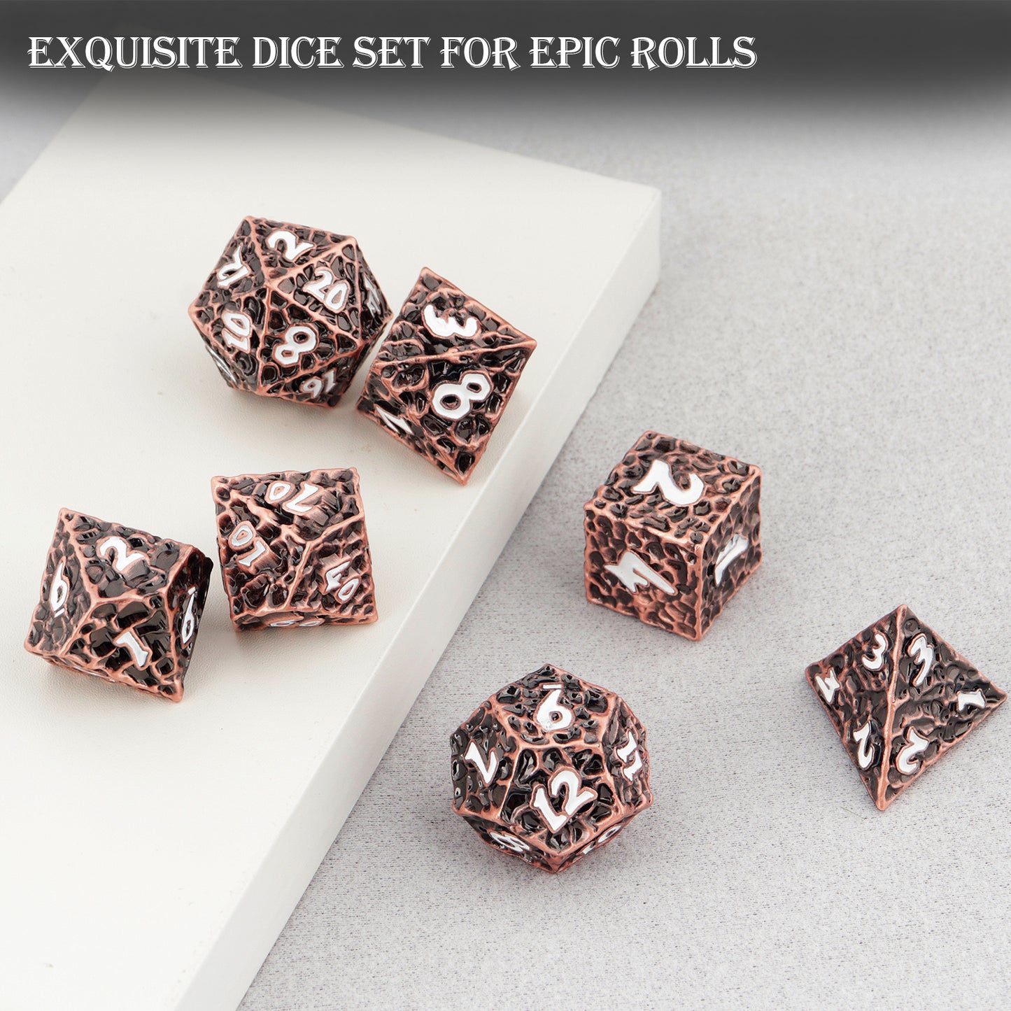 Haxtec Meteorite Texture Metal DnD Dice Set Ancient Cooper White Numbers